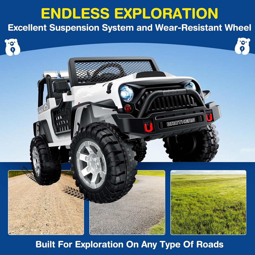 Trottinette électrique L8 pour enfants, 2 places, 12 V, avec télécommande, suspension à 4 roues et haut-parleur Bluetooth.