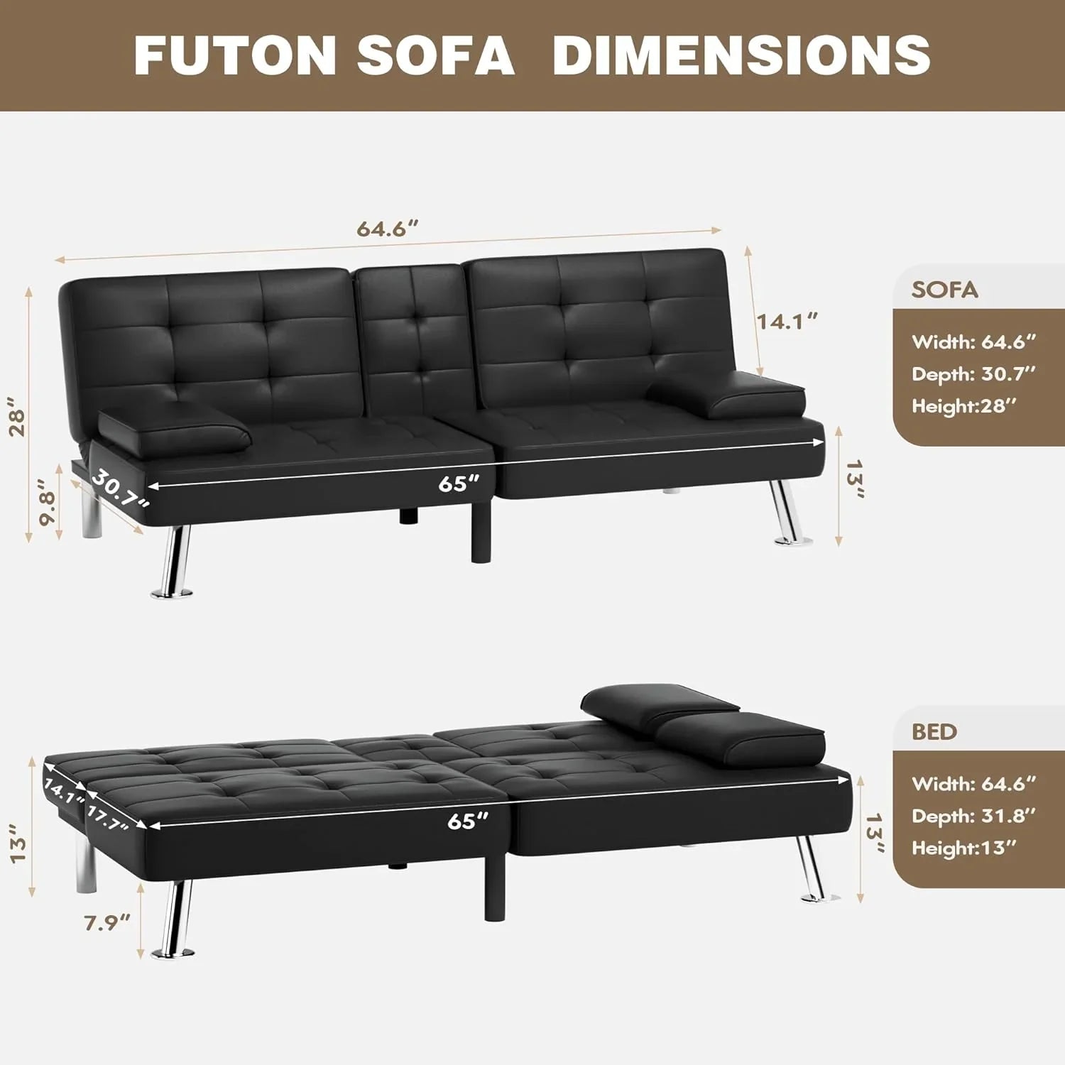 Canapé-lit futon Homall, canapé-lit futon en cuir avec accoudoirs amovibles, canapé-lit inclinable réglable avec deux porte-gobelets pour salon et appartement