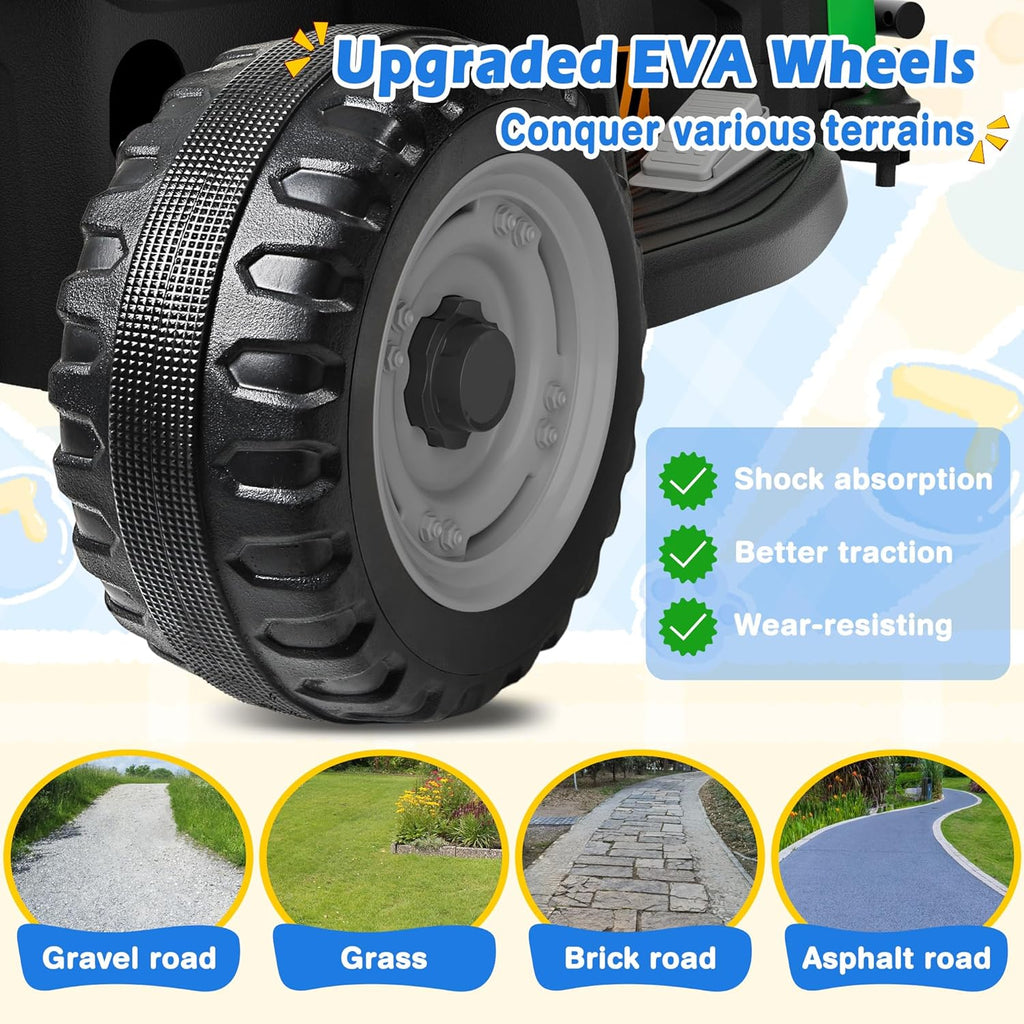 Tracteur autoporté 24 V avec remorque inclinable et amovible, 2 moteurs de 65 W, pneus EVA, télécommande, Bluetooth, levier de vitesse, musique, voiture électrique pour enfants, vert