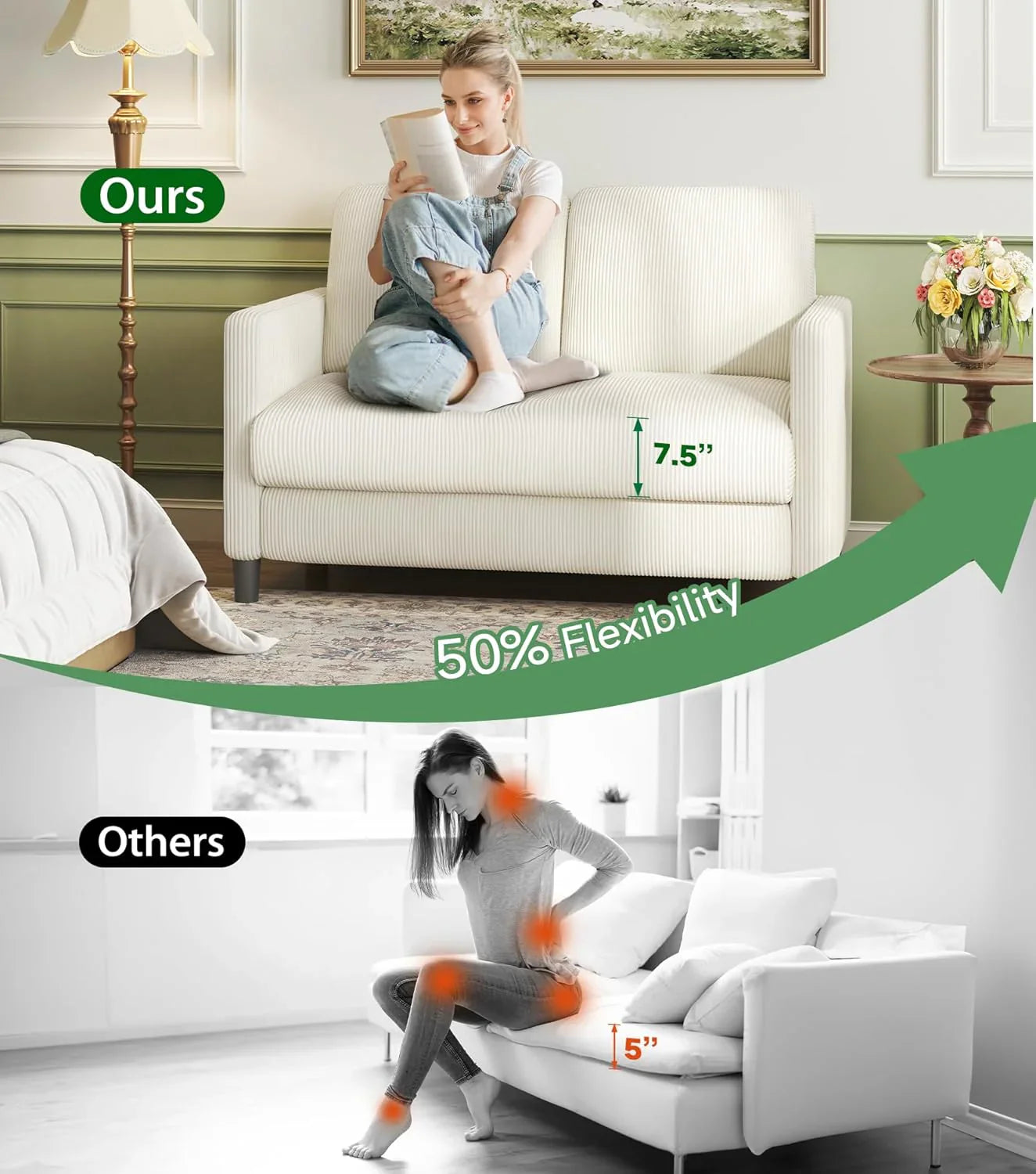 Causeuse de 51 pouces, causeuse confortable en velours côtelé