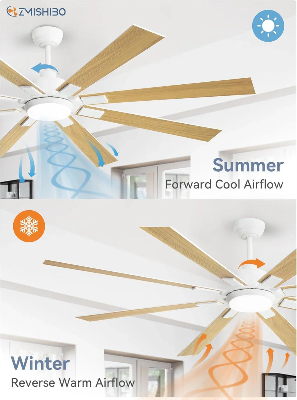 Grand ventilateur de plafond Zmishibo de 72 pouces avec éclairage et télécommande intérieur/extérieur