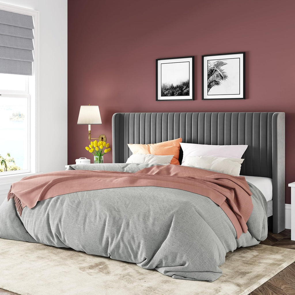 Cadre de lit Allewie en velours pleine grandeur/tête de lit capitonnée à oreilles verticales/lit plateforme rembourré/lattes en bois robustes