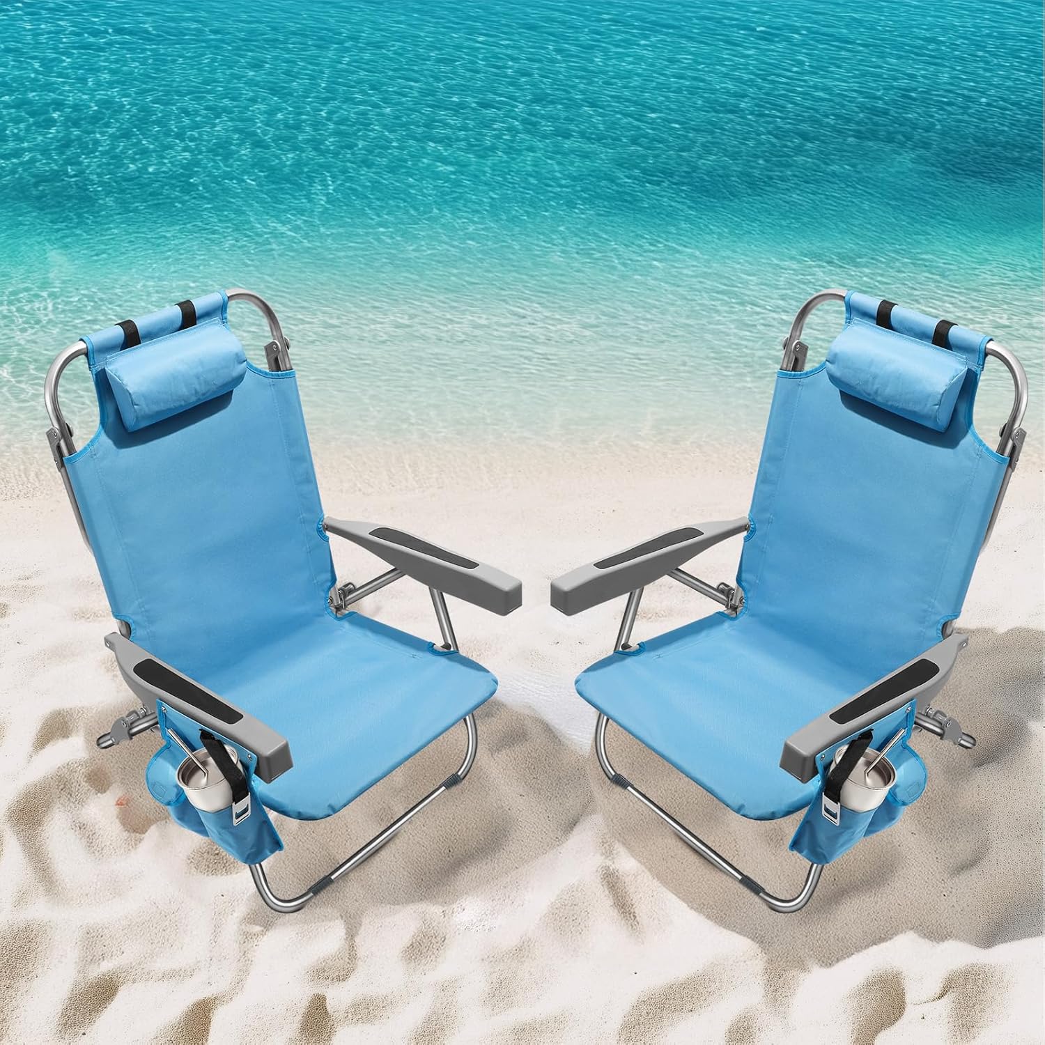 Lot de 2 chaises de plage compactes et portables pour adultes, en aluminium, 5 positions, avec pochette isotherme