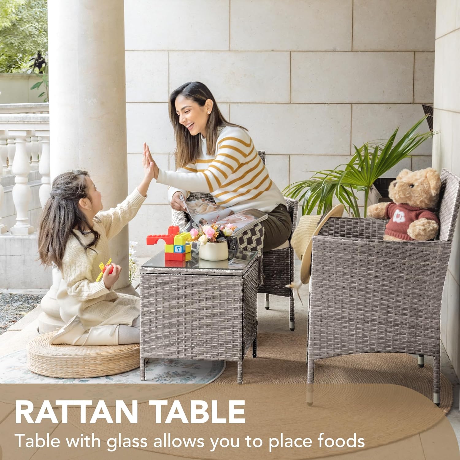 Ensemble de meubles de patio Devoko 3 pièces avec chaises en rotin synthétique