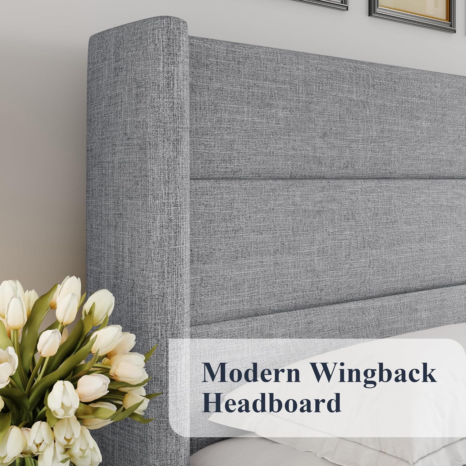 Lit queen-size relevable avec rangement Allewie, tête de lit à oreilles moderne et support hydraulique