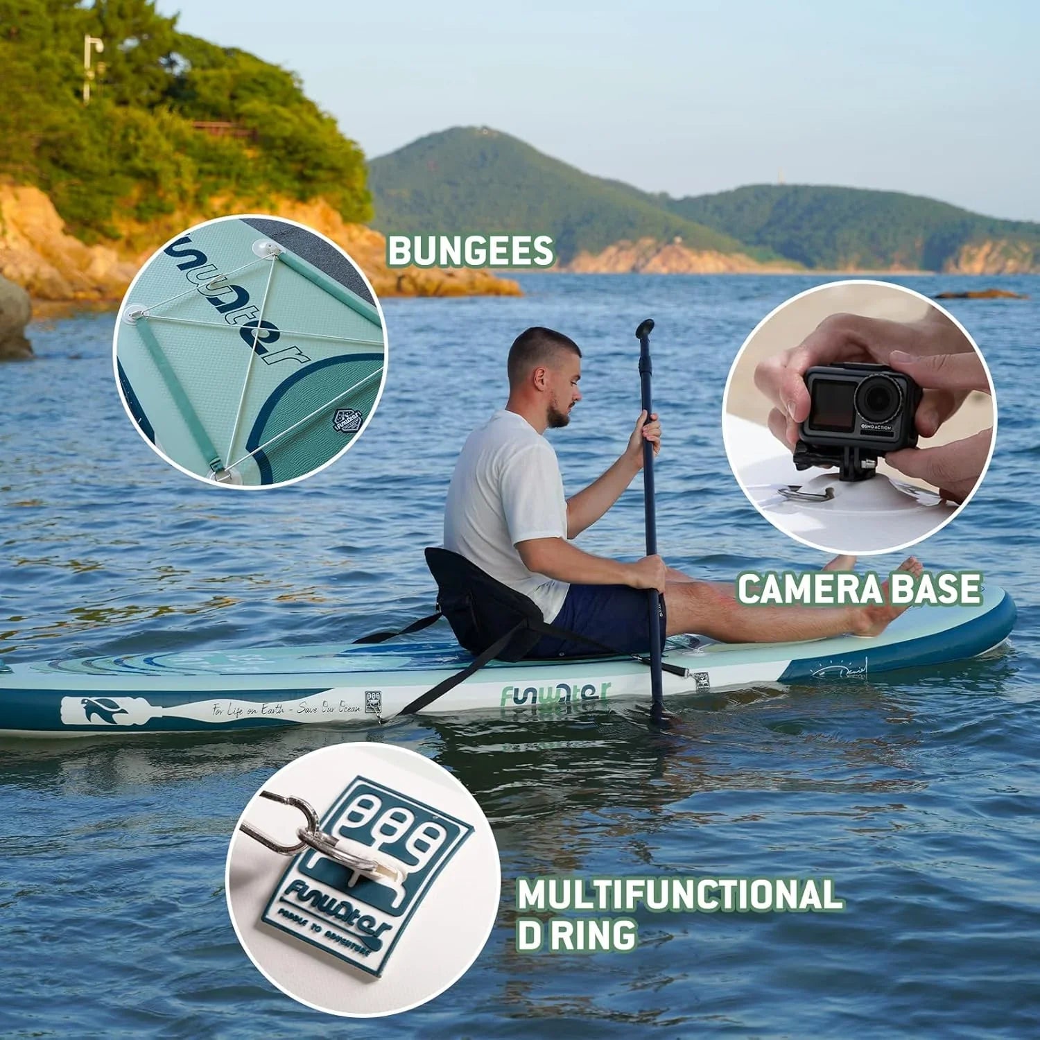 Planche de stand up paddle gonflable FunWater avec accessoires de pagaie SUP haut de gamme, pont EVA antidérapant, pagaie 11'/10'6'