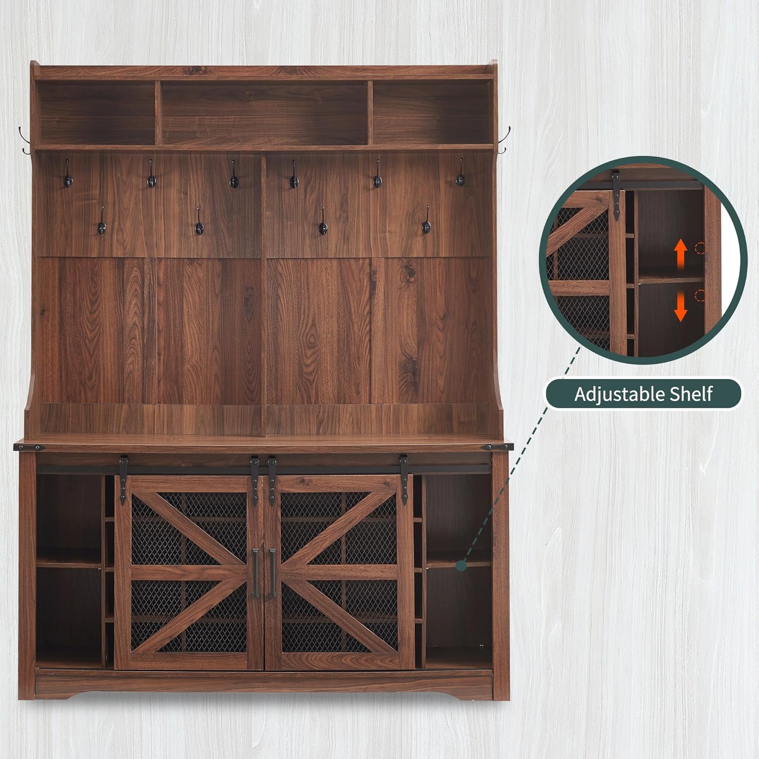 JXQTLINGMU Arbre de foyer de ferme de 59 pouces avec rangement pour chaussures, banc d'entrée, porte-manteau, armoire