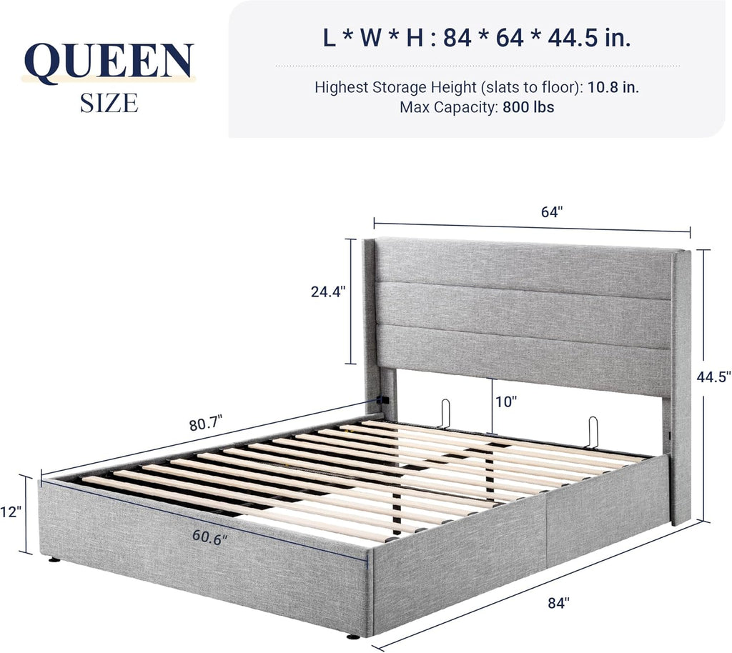Lit queen-size relevable avec rangement Allewie, tête de lit à oreilles moderne et support hydraulique