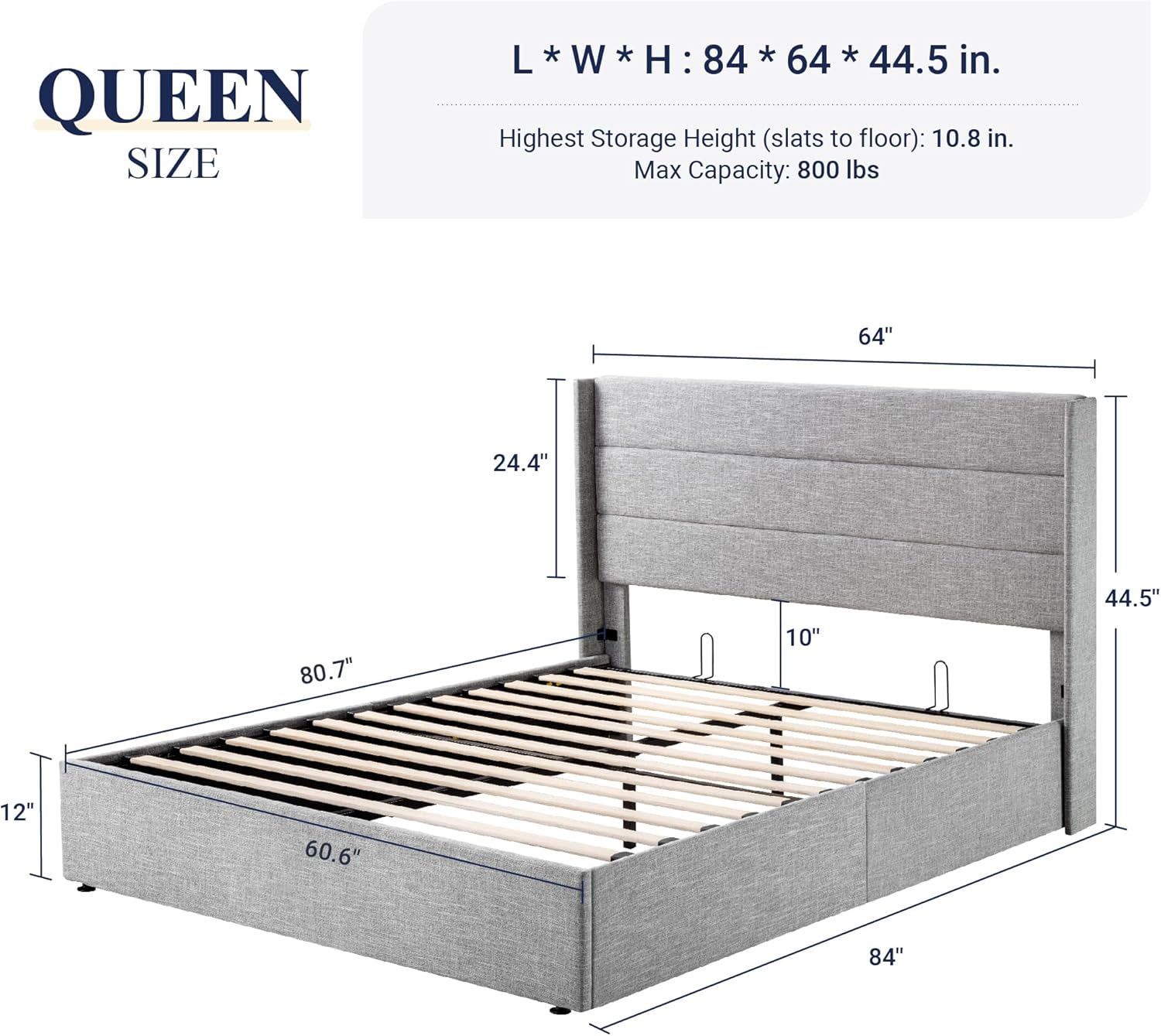 Lit queen-size relevable avec rangement Allewie, tête de lit à oreilles moderne et support hydraulique