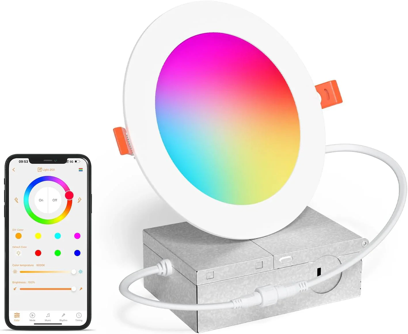 Spot LED encastré intelligent 12 W RGBCW à changement de couleur de 4 po avec boîte de jonction