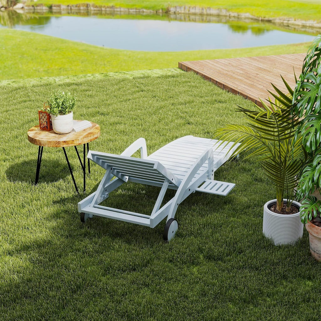 Chaise longue de piscine réglable à 5 positions Chaise longue en bois avec table d'appoint coulissante