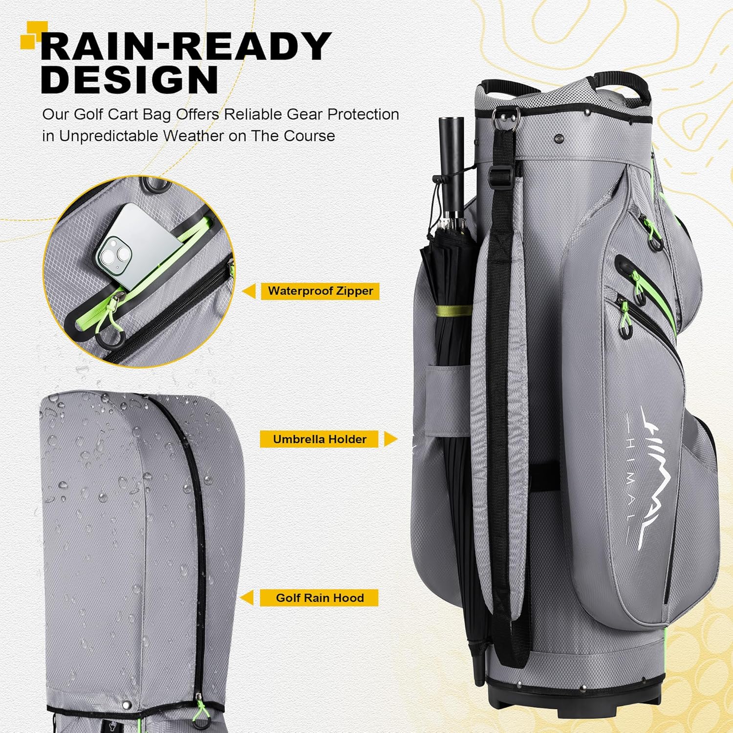 Sac de chariot de golf, organiseur à 15 compartiments, compartiment supérieur avec poignées et housse de pluie