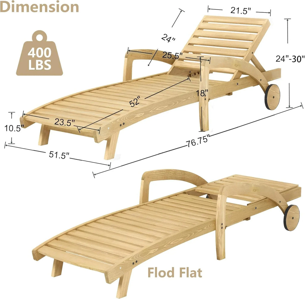 Chaise longue de piscine réglable à 5 positions Chaise longue en bois avec table d'appoint coulissante