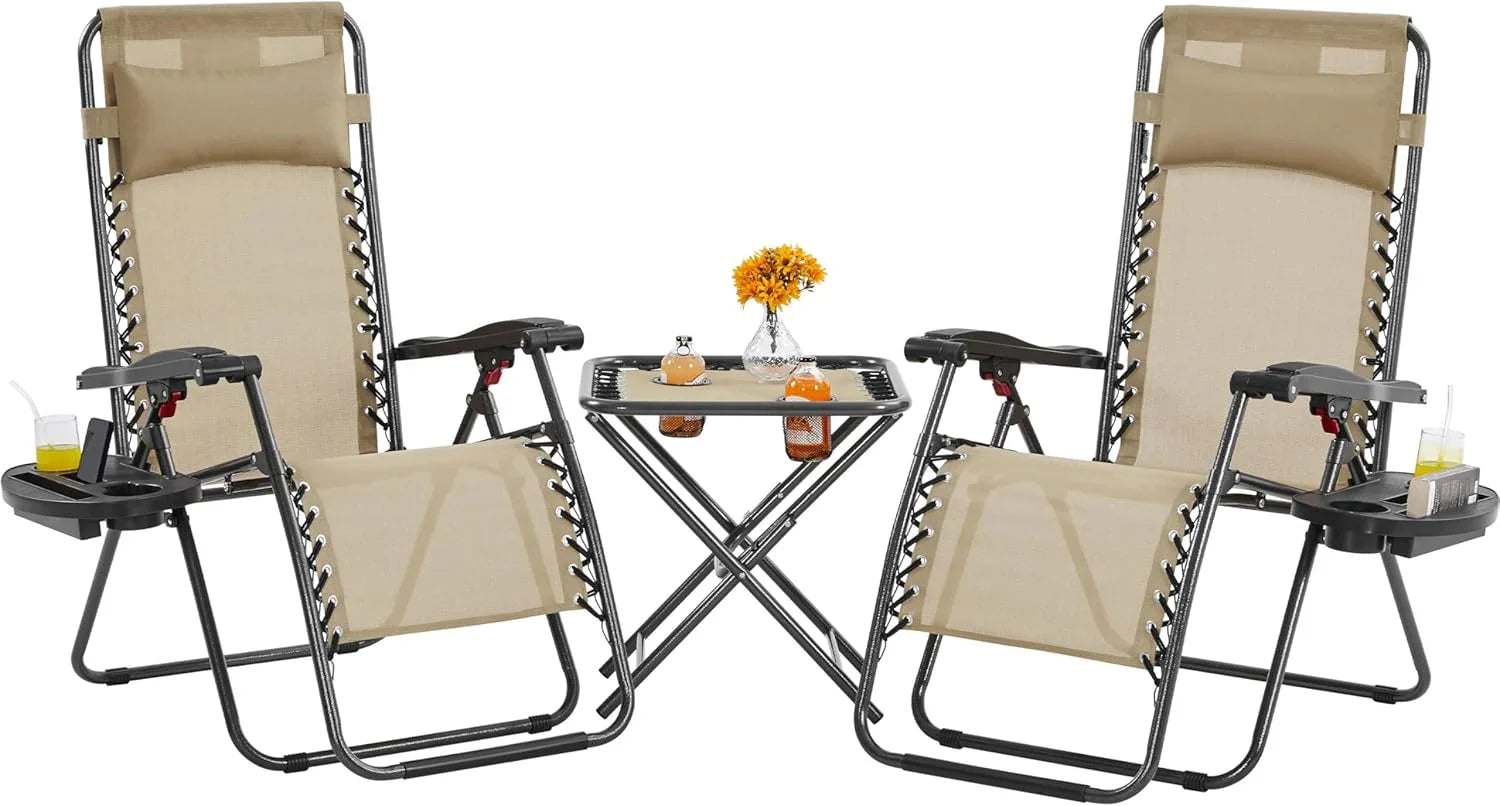 Ensemble de 3 chaises inclinables portables d'extérieur à gravité zéro avec table d'appoint et chaises longues pliantes
