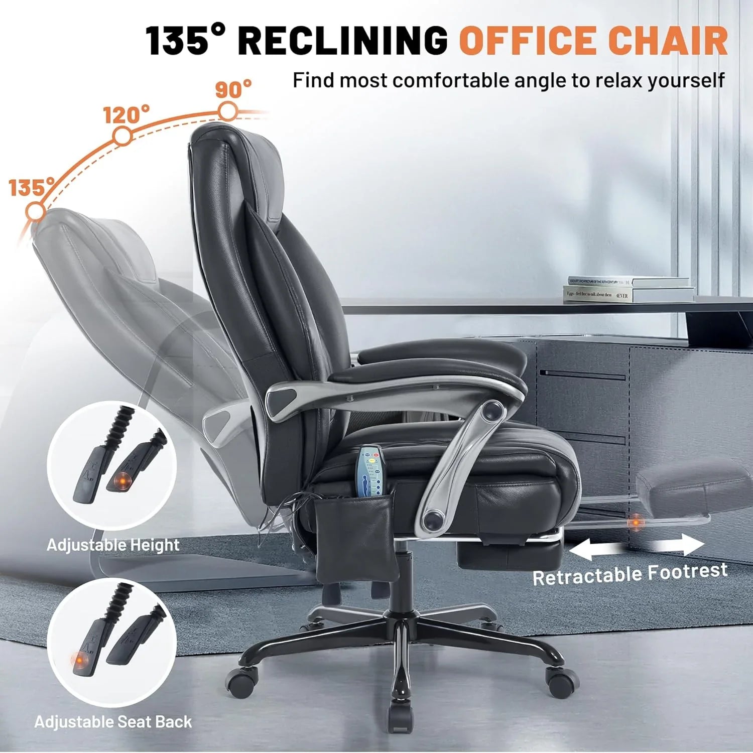 Fauteuil de bureau massant avec chauffage et repose-pieds Fauteuil de bureau ergonomique inclinable pour cadres