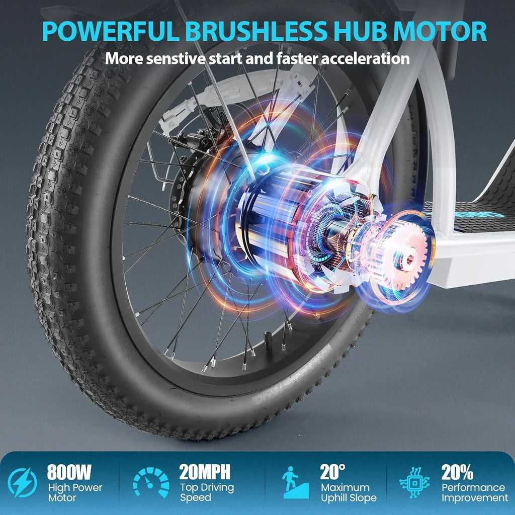 Trottinette électrique pliable Caroma Peak 800 W pour adulte avec pneus de 20 pouces de large, batterie 48 V, panier et siège réglable.