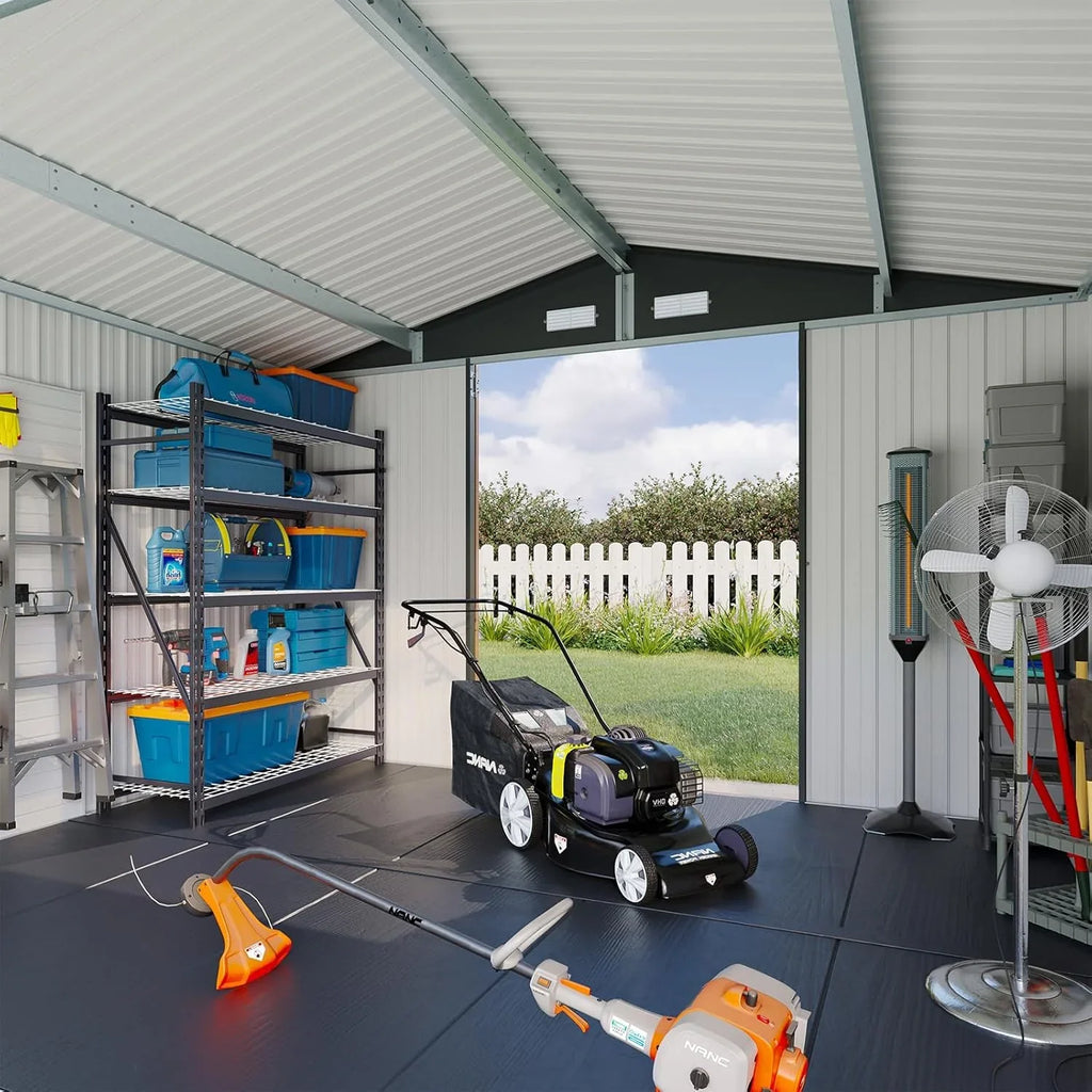 Abri de jardin Aoxun 7,4 x 5,3 pi, plancher en acier galvanisé, abri de jardin en métal, portes doubles