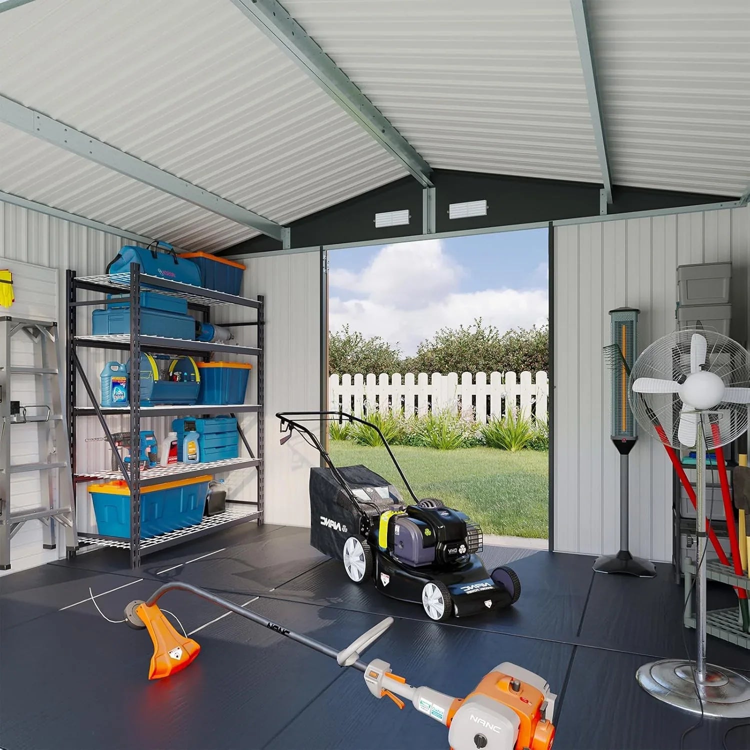 Abri de jardin Aoxun 7,4 x 5,3 pi, plancher en acier galvanisé, abri de jardin en métal, portes doubles