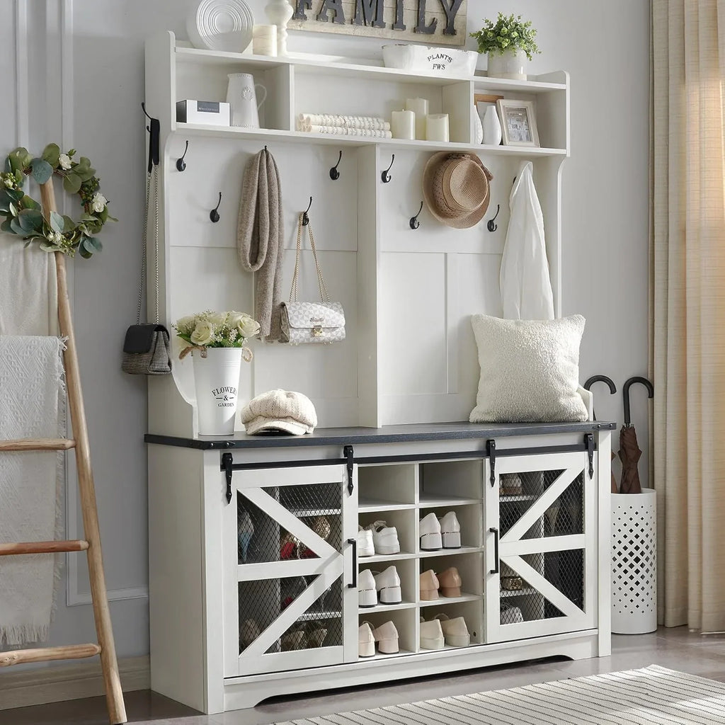 JXQTLINGMU Arbre de foyer de ferme de 59 pouces avec rangement pour chaussures, banc d'entrée, porte-manteau, armoire