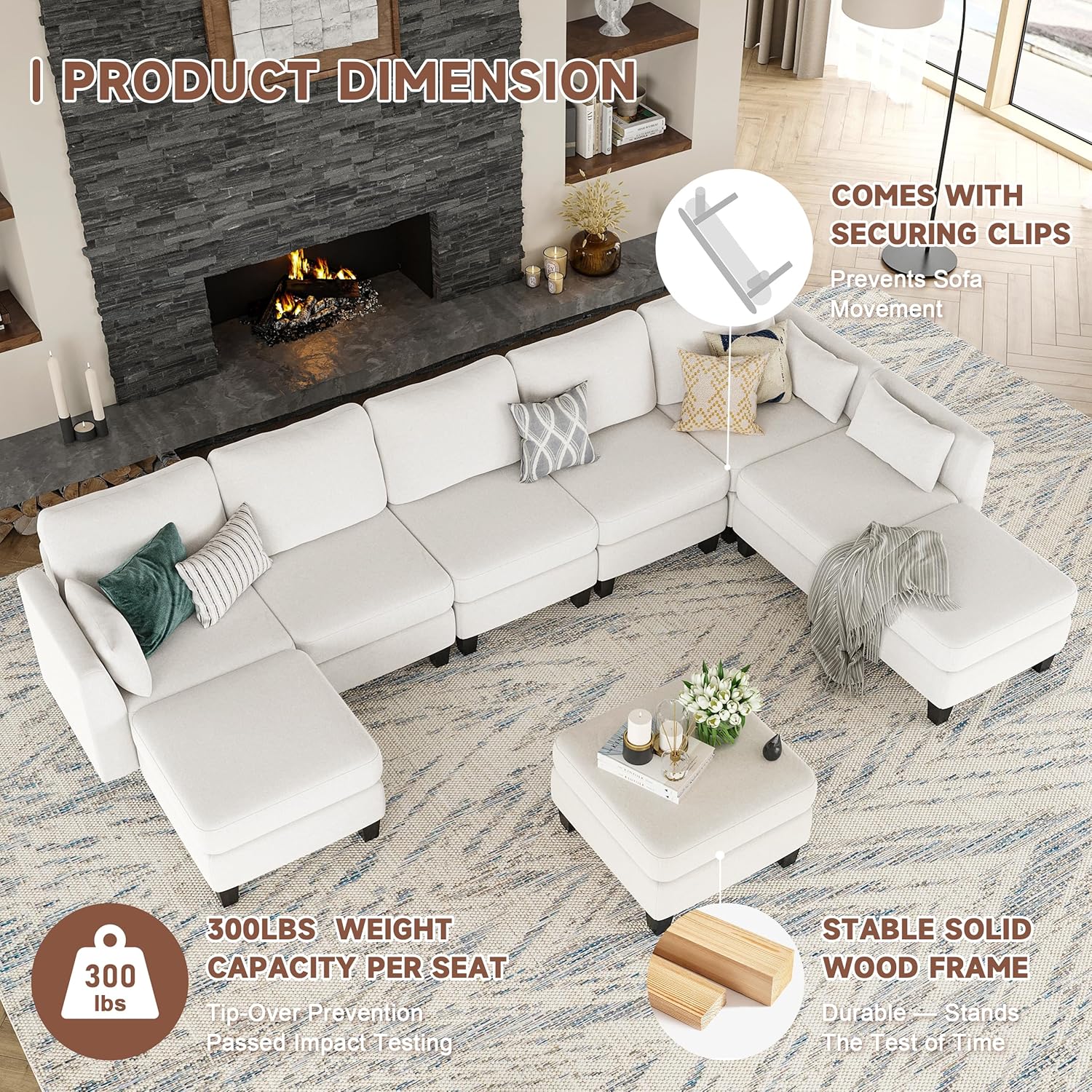 Canapé sectionnel modulable, canapé convertible en U, mousse à mémoire de forme haute densité, canapé sectionnel confortable 6 places