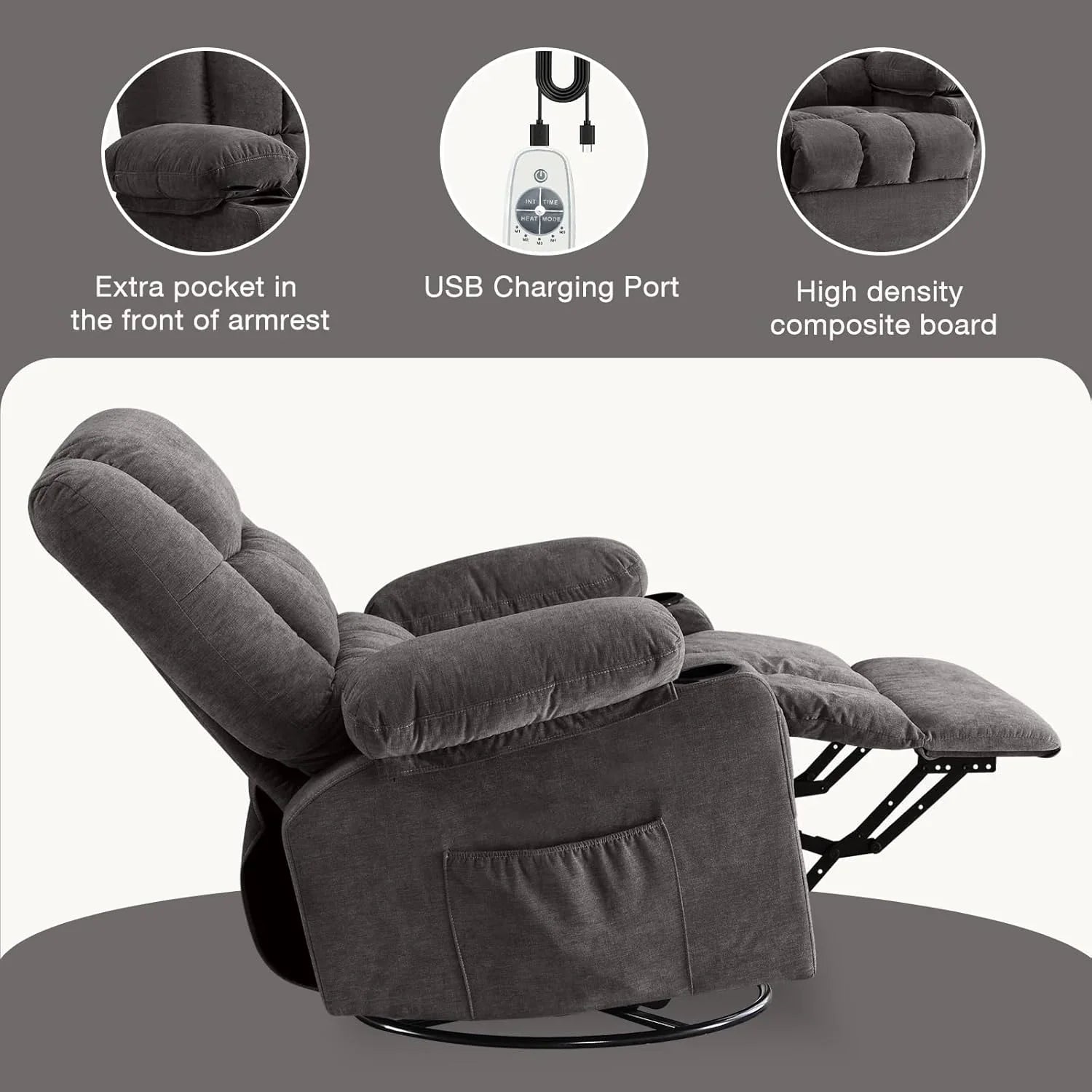 Fauteuil de massage rotatif à bascule avec fonctions de massage par vibration et de mesure des calories