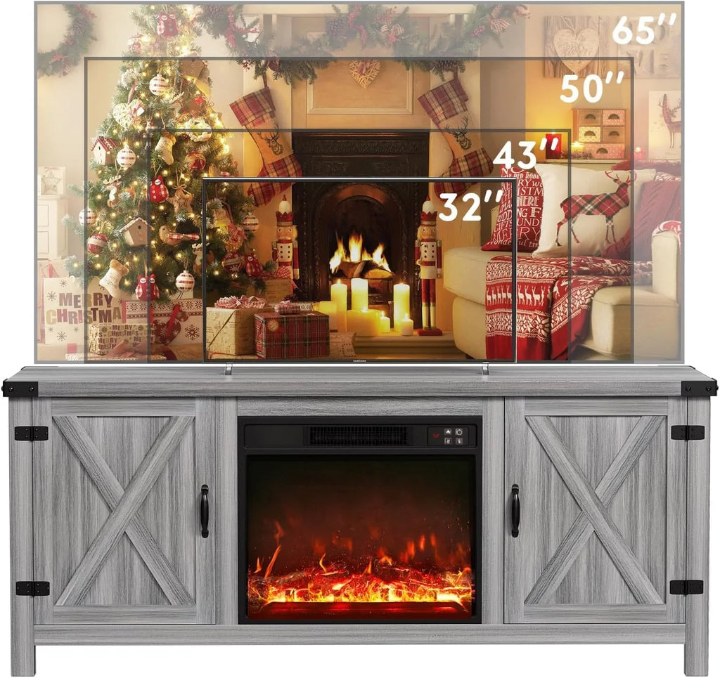YESHOMY Meuble TV avec cheminée et deux portes de grange, armoires de rangement pour téléviseurs jusqu'à 65 pouces et plus, console de divertissement, meuble multimédia pour salon, 58 pouces