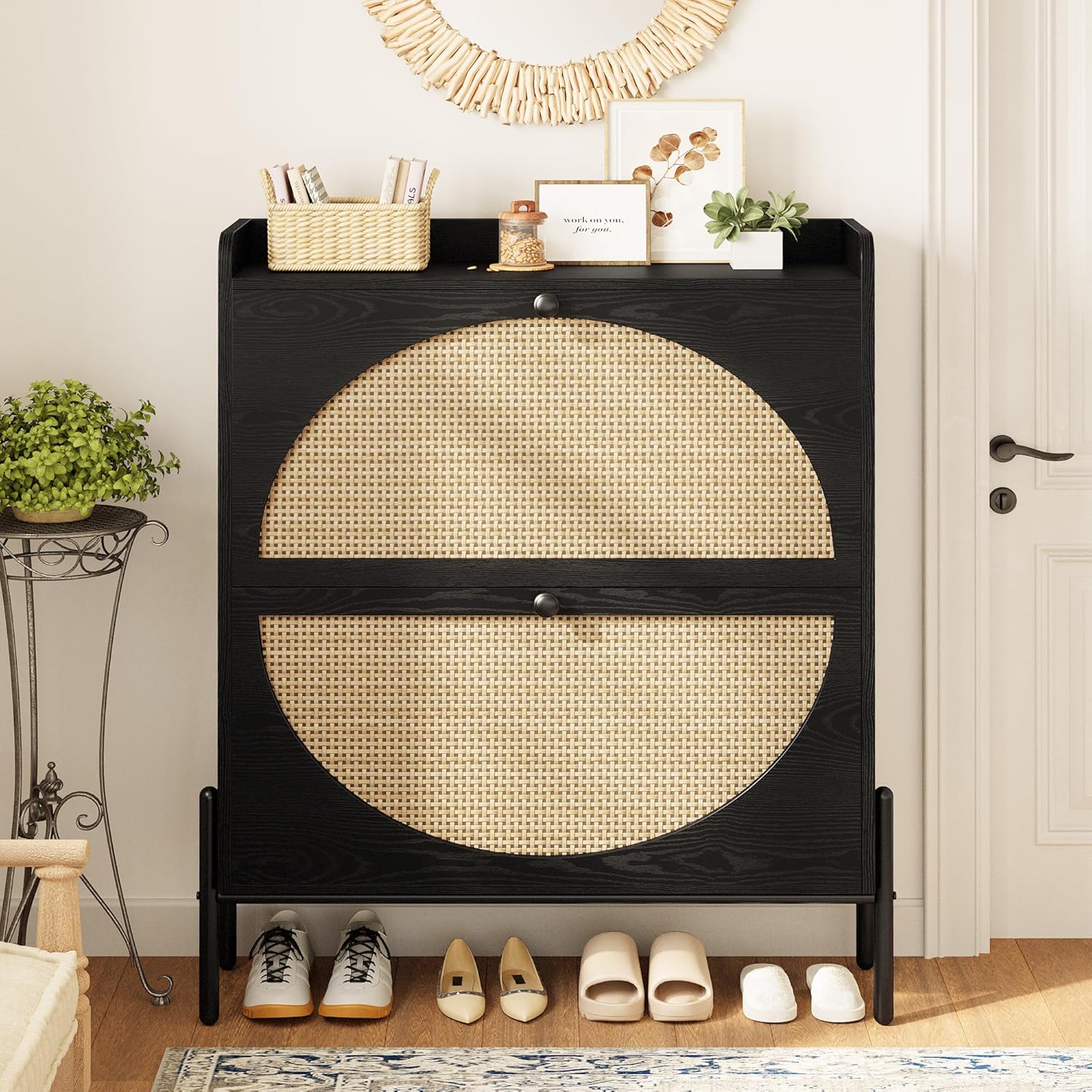 Meuble à chaussures IRONCK avec 2 tiroirs rabattables, meuble de rangement à chaussures indépendant en bois