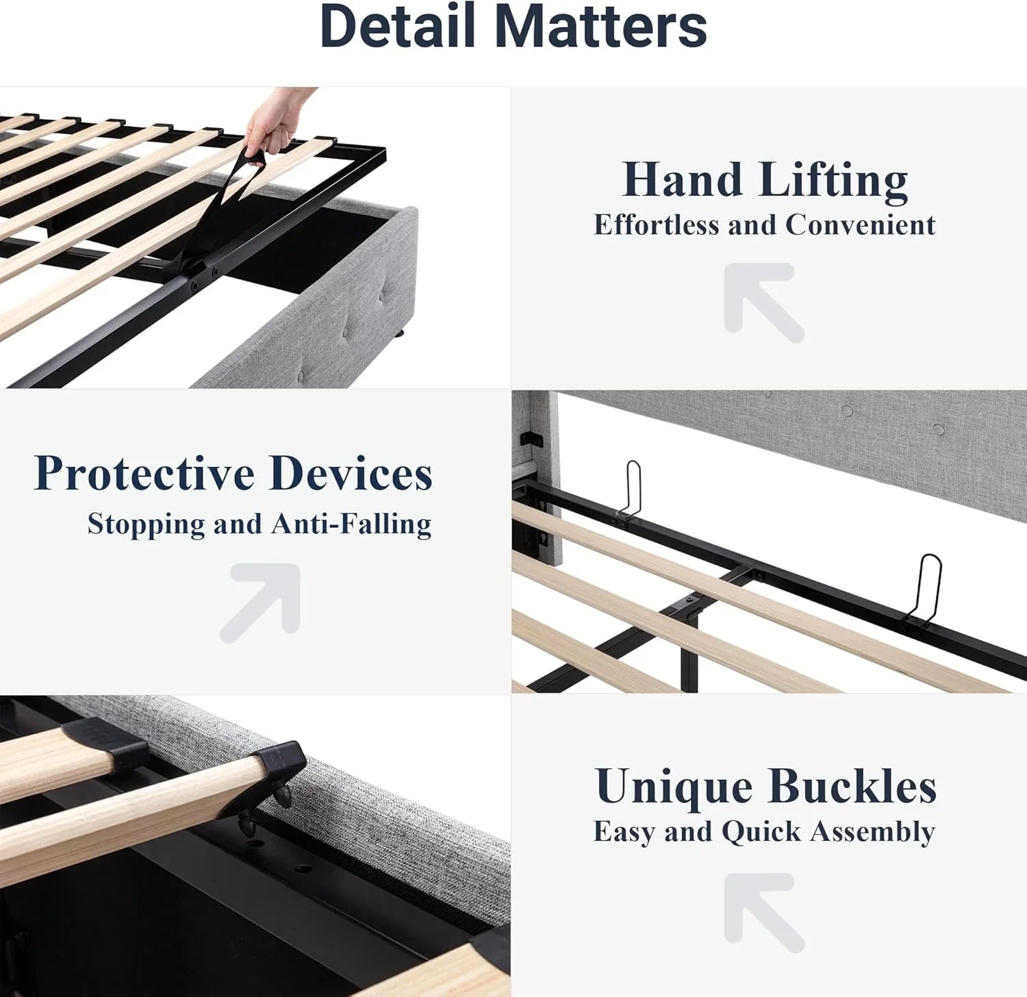 Lit queen-size relevable avec rangement Allewie, tête de lit à oreilles moderne et support hydraulique