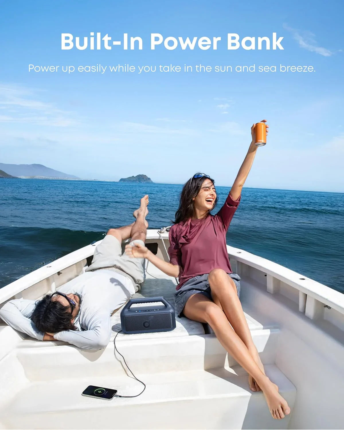 Enceinte d'extérieur, 80 W, caisson de basses, BassUp 2.0, autonomie de 24 heures, étanchéité IPX7, flotte, lumières RVB, USB-C