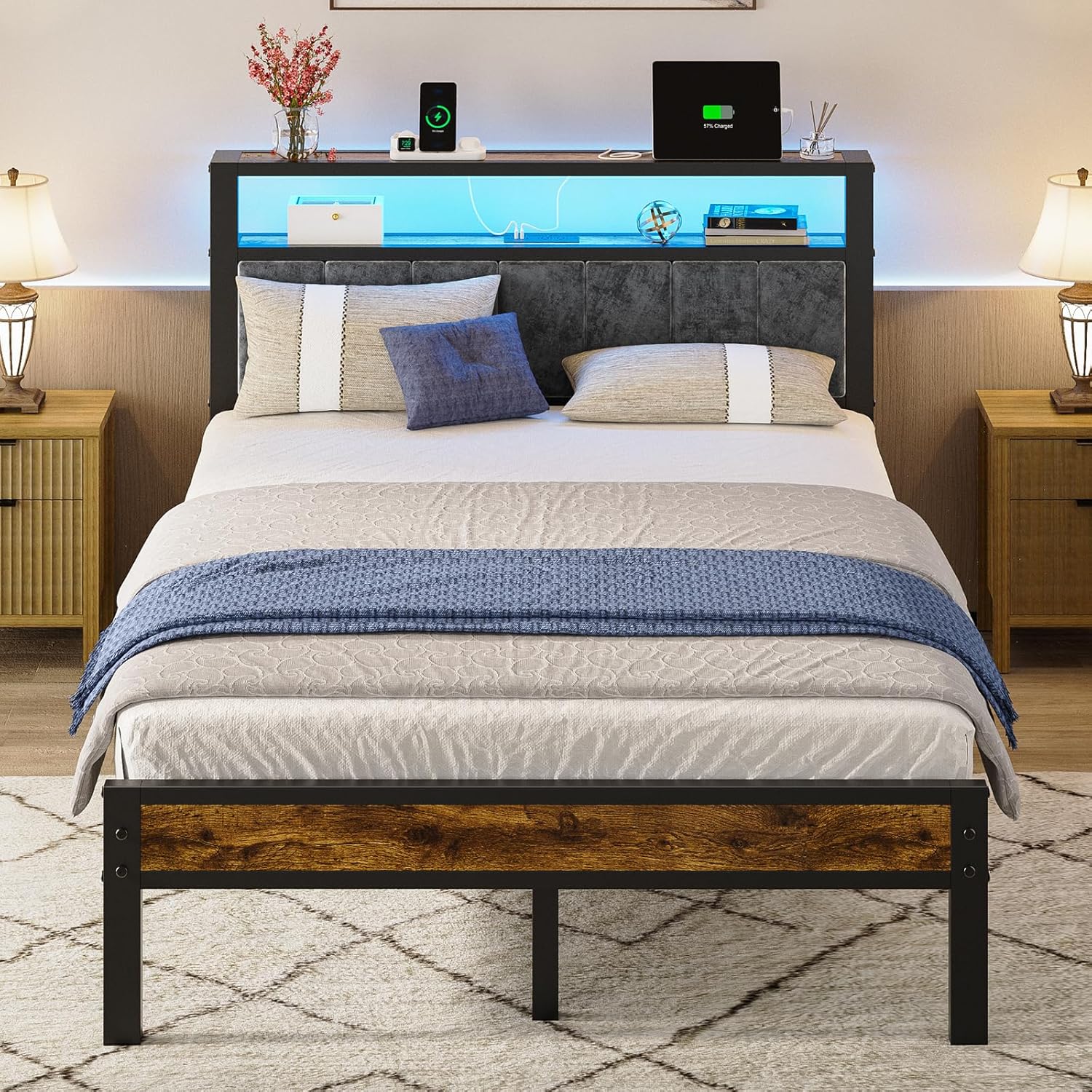 Cadre de lit queen size avec étagères de rangement doubles, tête de lit, lit plateforme