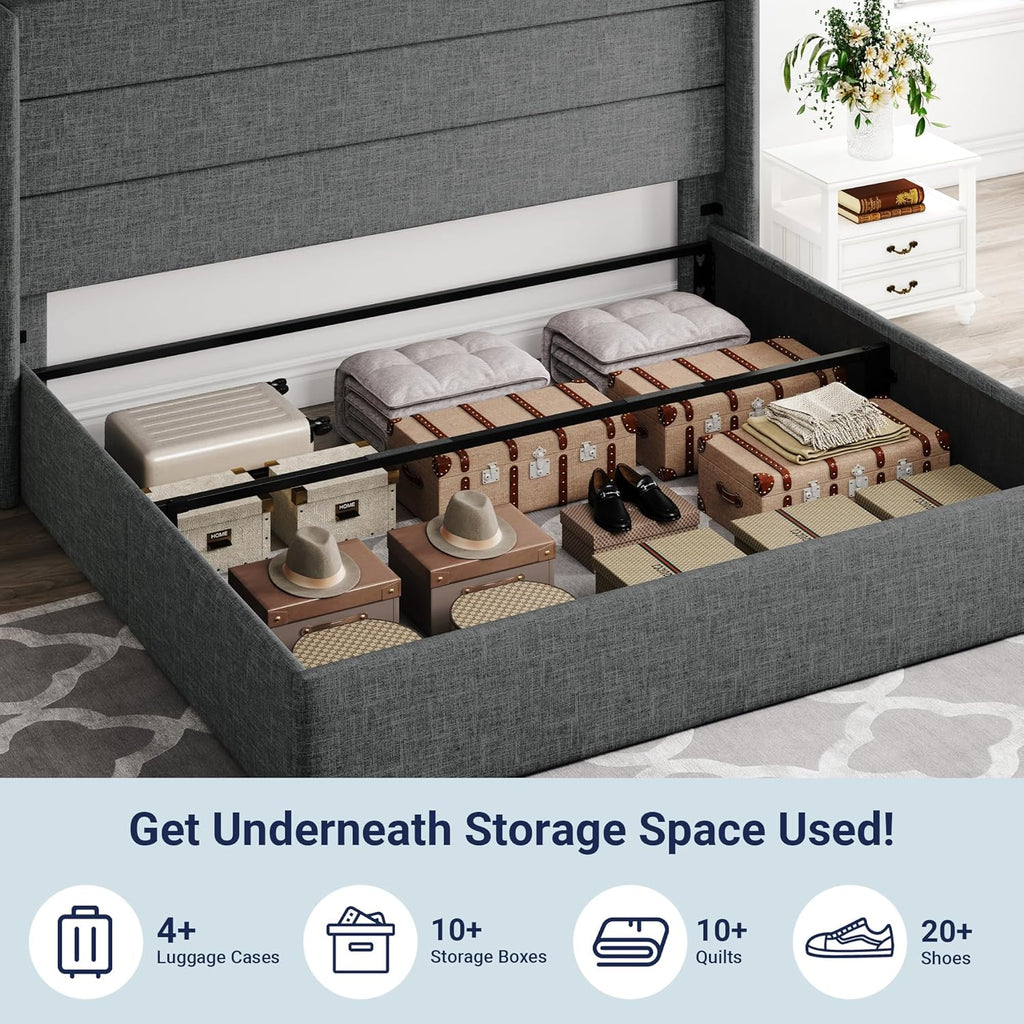 Lit queen-size relevable avec rangement Allewie, tête de lit à oreilles moderne et support hydraulique