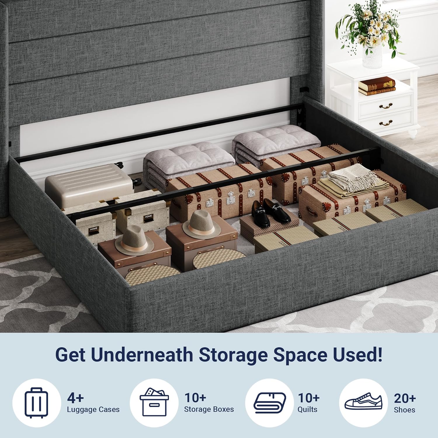 Lit queen-size relevable avec rangement Allewie, tête de lit à oreilles moderne et support hydraulique