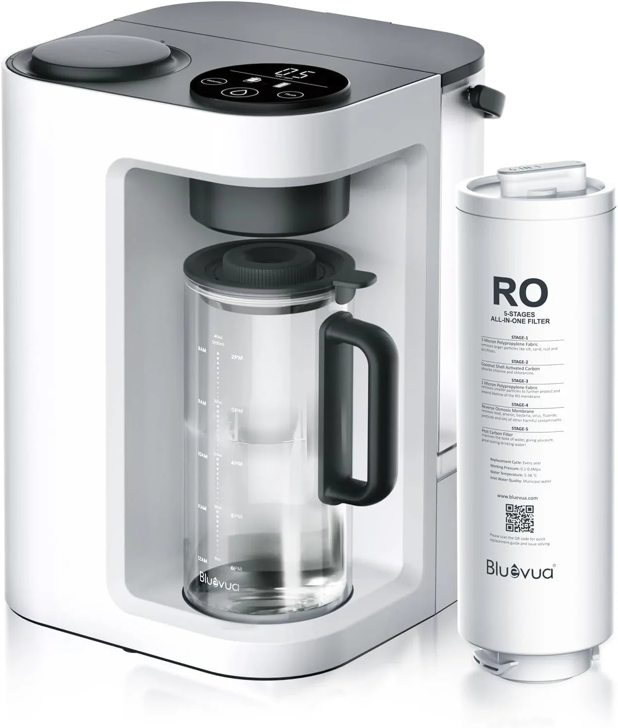 Système d'osmose inverse Bluevua RO100ROPOT-Lite (UV), purificateur d'eau de comptoir, purification en 7 étapes, avec fonctions UV et de reminéralisation, surveillance du TDS et de la durée de vie du filtre