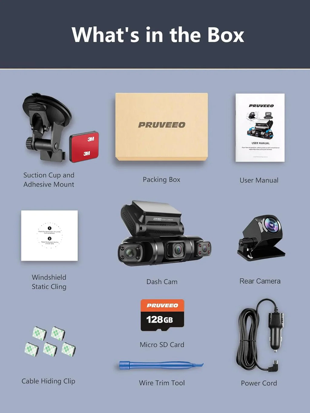 PRUVEO dashcam met 360-gradenbeeld, ingebouwde GPS, wifi-nachtzicht, parkeermonitor met 24/7 opnamefunctie (alle seizoenen), inclusief gratis 128GB geheugenkaart. 