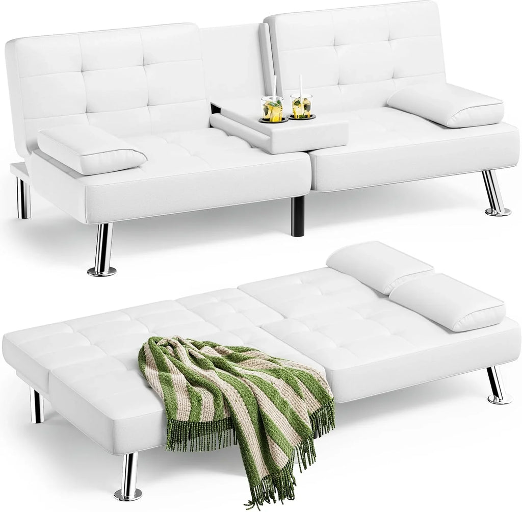Canapé-lit futon Homall, canapé-lit futon en cuir avec accoudoirs amovibles, canapé-lit inclinable réglable avec deux porte-gobelets pour salon et appartement