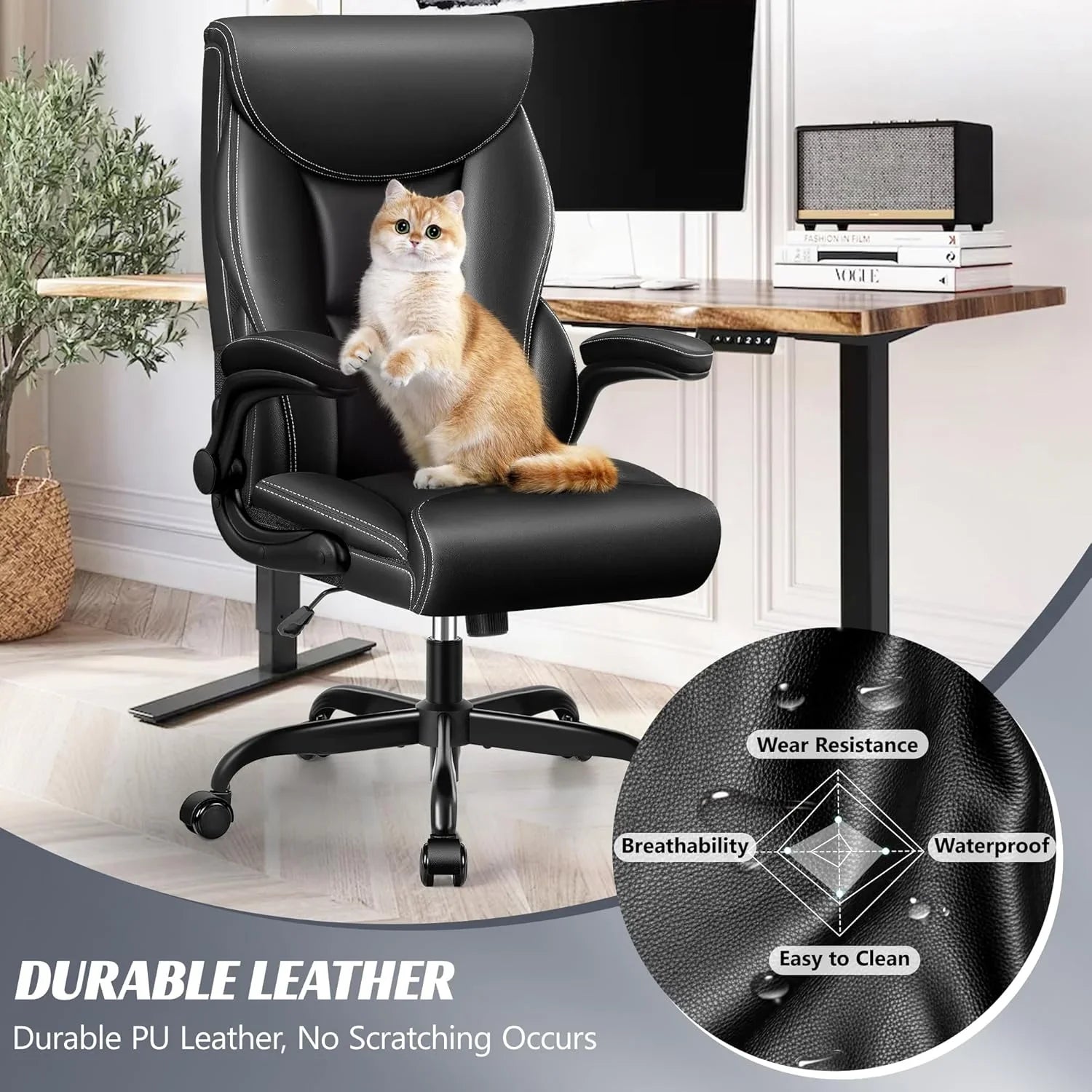 Chaise de bureau pivotante à pieds hauts, en cuir respirant, avec support lombaire