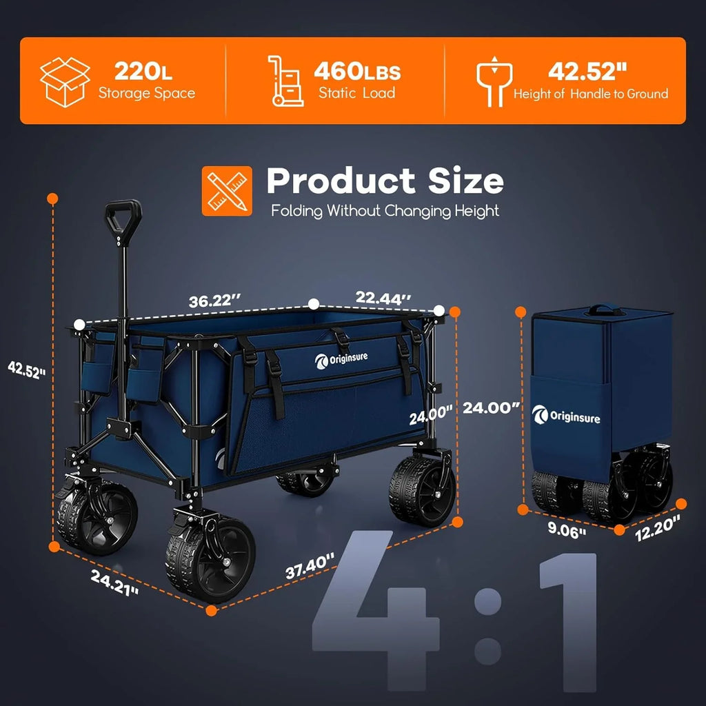 Poussette pliable à quatre roues de 96 cm de long, pliable, capacité de 200 kg, poussette de plage pliable robuste de 220 litres avec de grands pneus tout-terrain