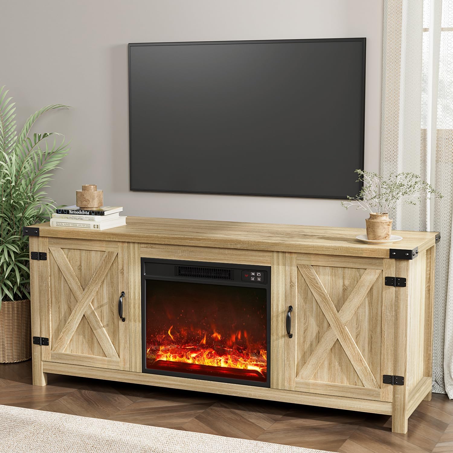 YESHOMY Meuble TV avec cheminée et deux portes de grange, armoires de rangement pour téléviseurs jusqu'à 65 pouces et plus, console de divertissement, meuble multimédia pour salon, 58 pouces