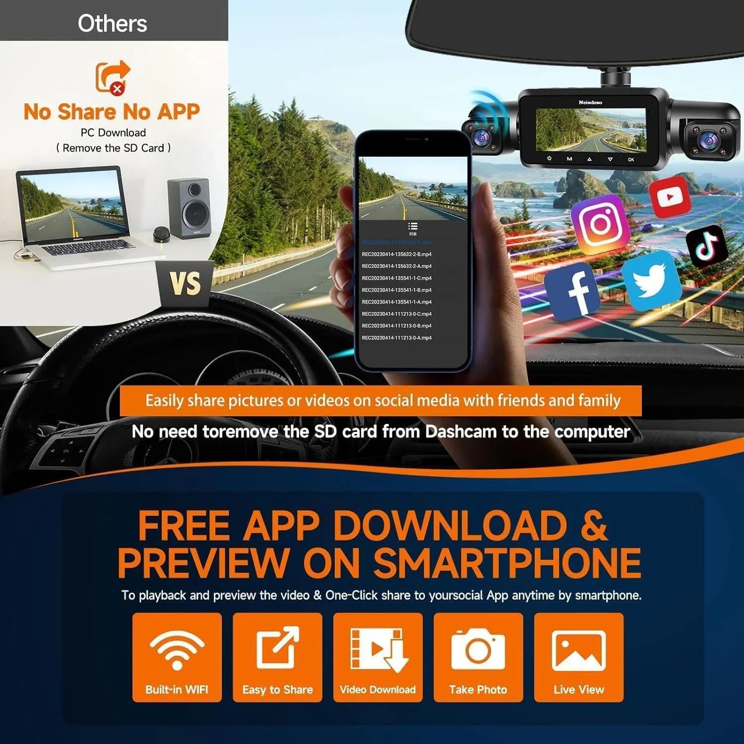 360° 4-kanaals FHD-dashcam (4 x 1080p), wifi, GPS, spraakbediening, 2K + 1080p dashcam aan de voorzijde (x2), met 64GB SD-kaart, nachtzicht, 24/7 parkeermodus 