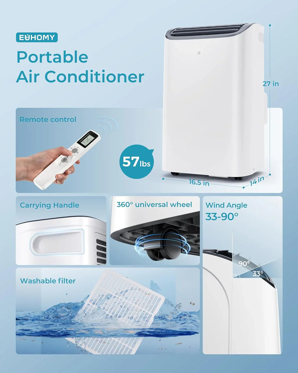 Climatiseur portatif EUHOMY 8 000 BTU, 4 en 1, couvre jusqu'à 350 pi², 4 modes, silencieux, avec télécommande, refroidissement, ventilateur, déshumidificateur