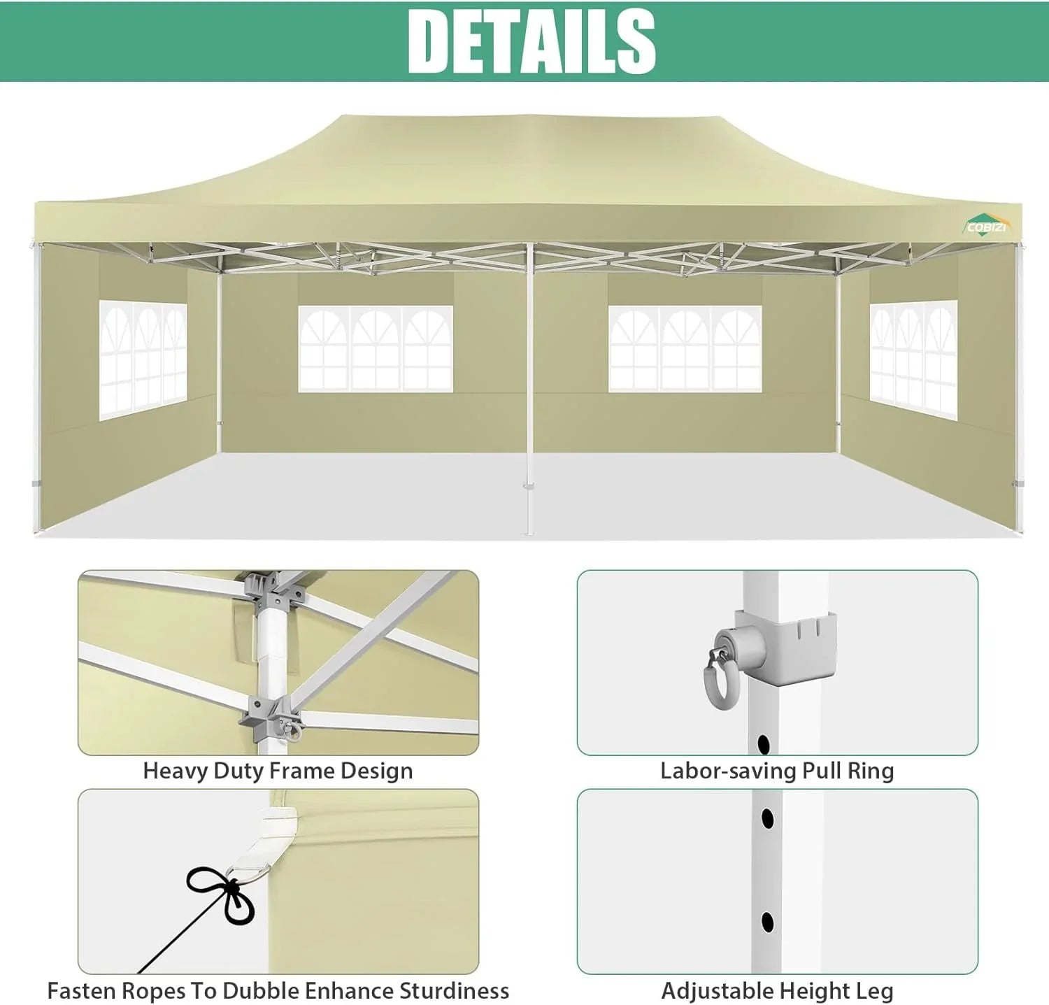 Tente pop-up robuste COBIZI 10x20 avec 6 parois latérales, facile à installer