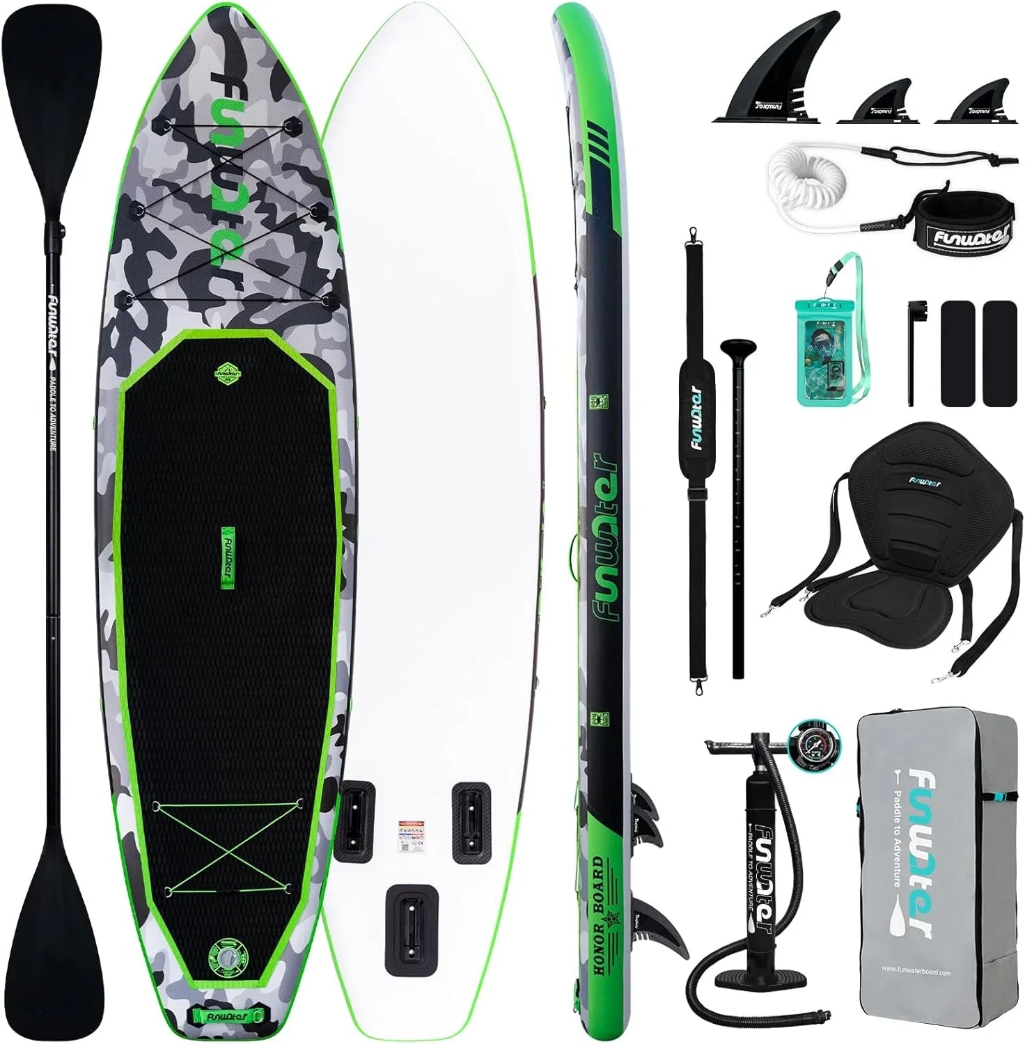 Planche de stand up paddle gonflable FunWater avec accessoires de pagaie SUP haut de gamme, pont EVA antidérapant, pagaie 11'/10'6'