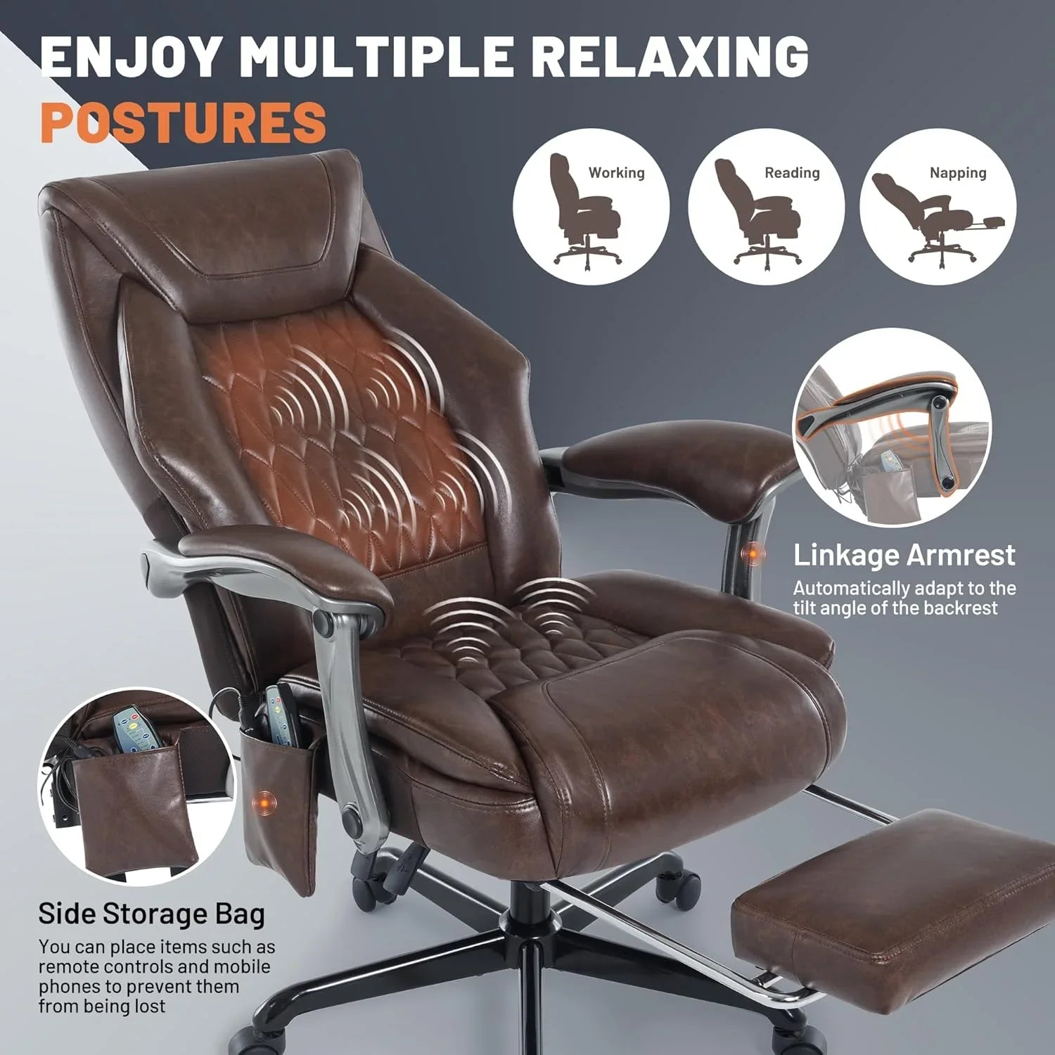 Fauteuil de bureau massant avec chauffage et repose-pieds Fauteuil de bureau ergonomique inclinable pour cadres