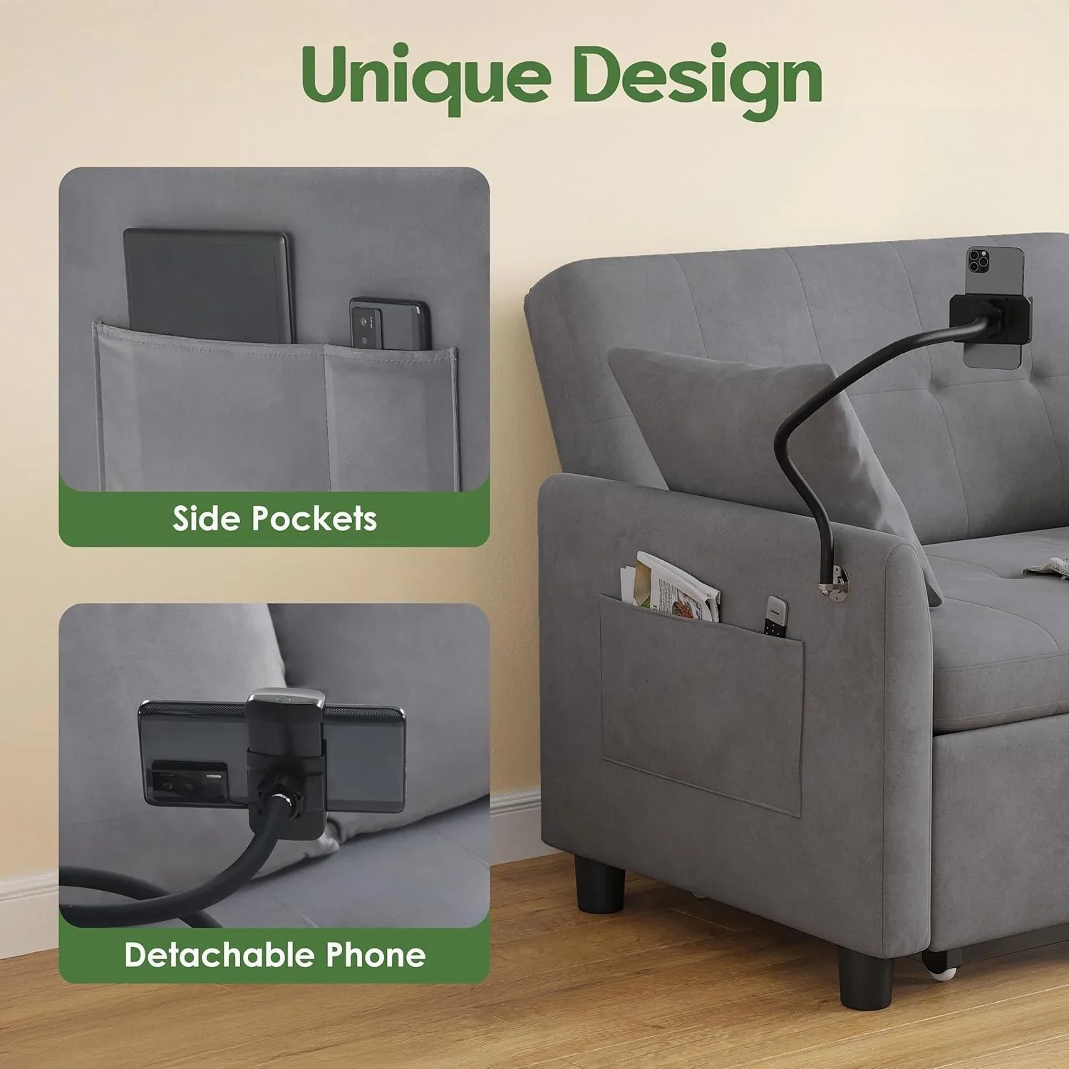 Canapé-lit convertible 3 en 1, convertible, gigogne, petit canapé causeuse, futon, pleine grandeur, causeuse en velours de 117 cm