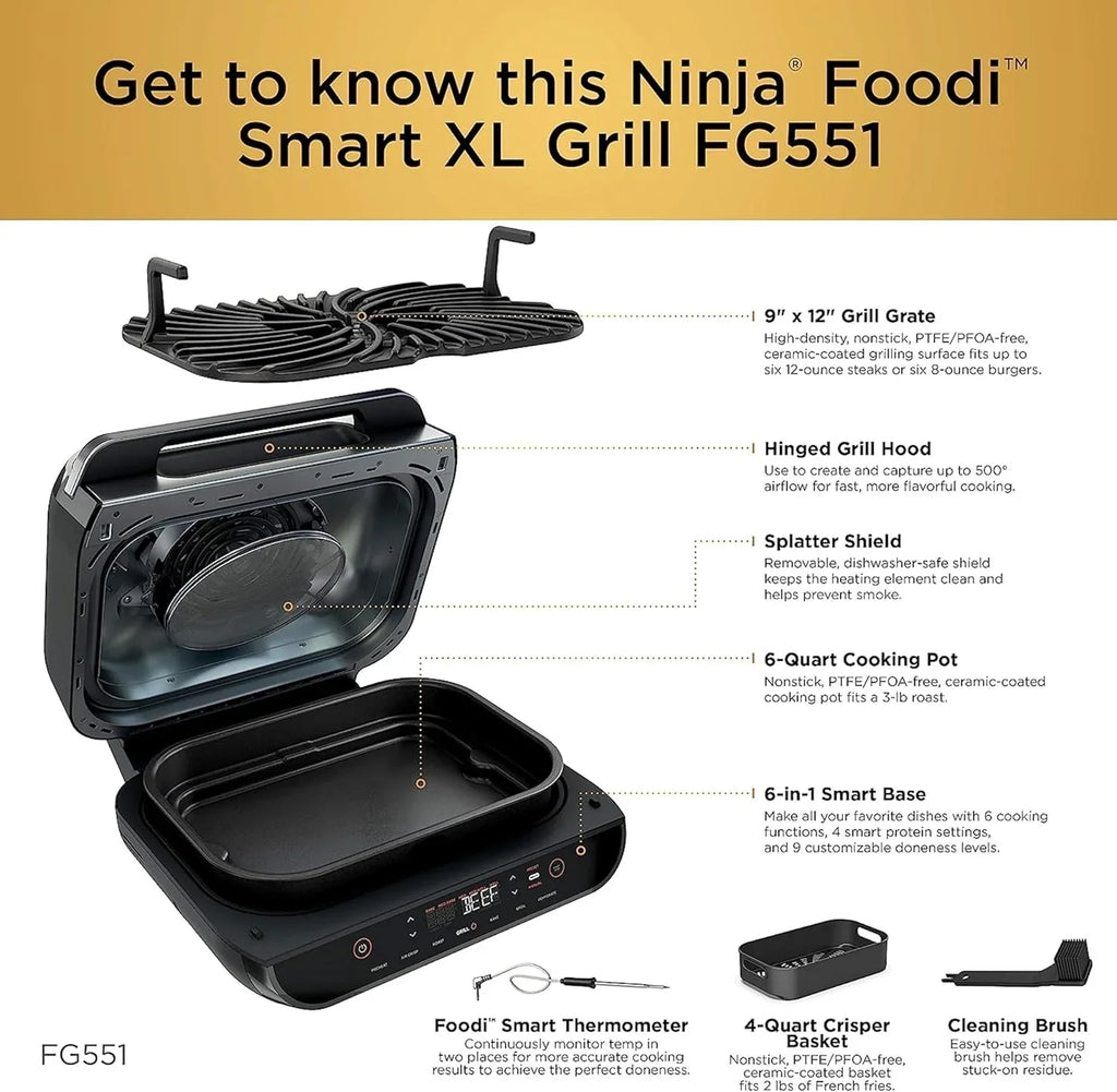Gril d'intérieur Ninja Foodi Smart XL 6 en 1 avec friture à air, cuisson au four, rôtissage, grillage et déshydratation, thermomètre intelligent