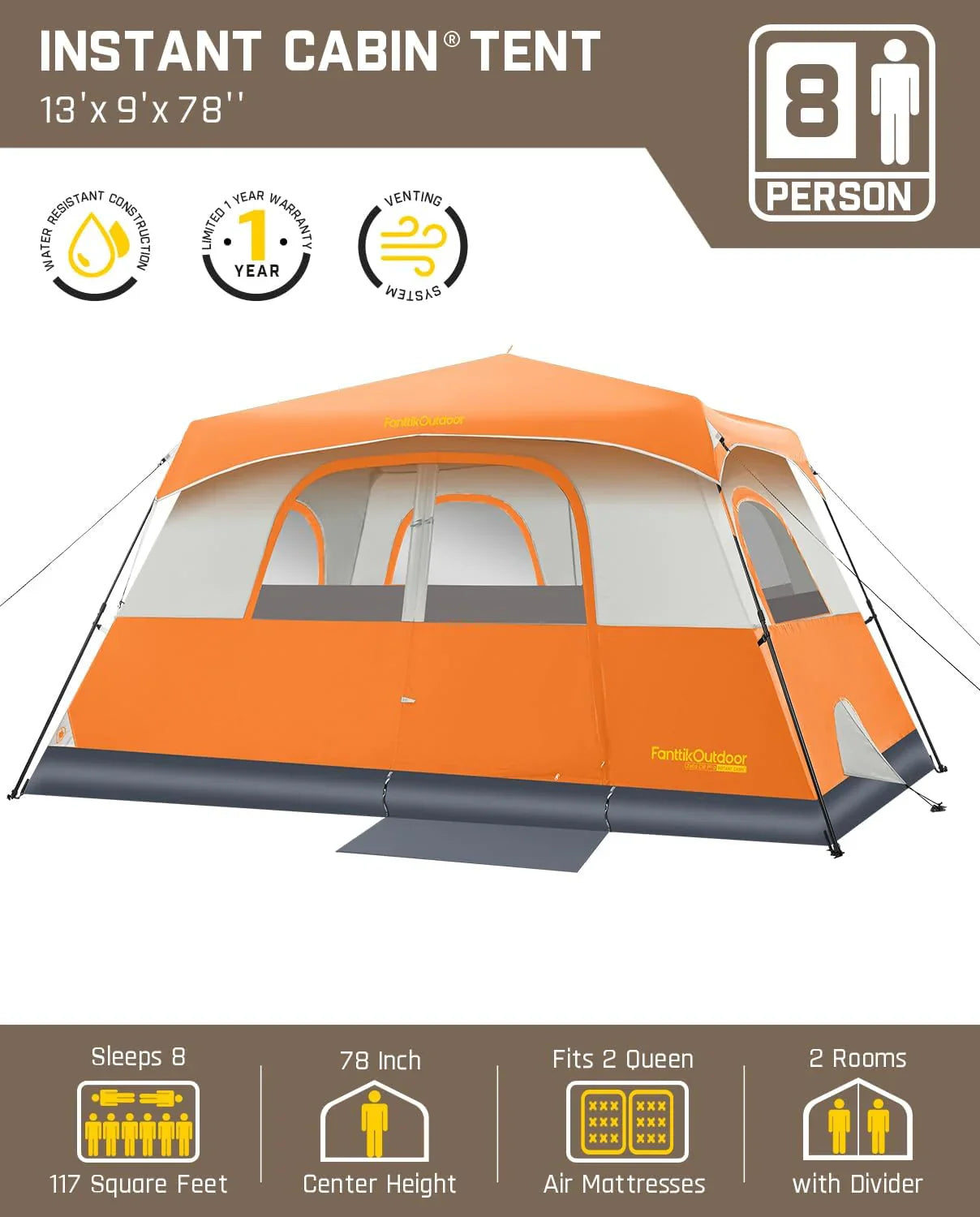 Tente de camping portable pour 4/6/8/10 personnes avec cabine instantanée et résistante à la pluie et au vent