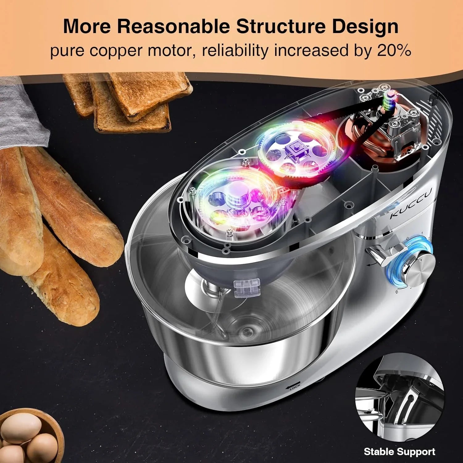 Batteur sur socle 6,5 pintes 660 W 6 vitesses à tête inclinable, batteur électrique de cuisine