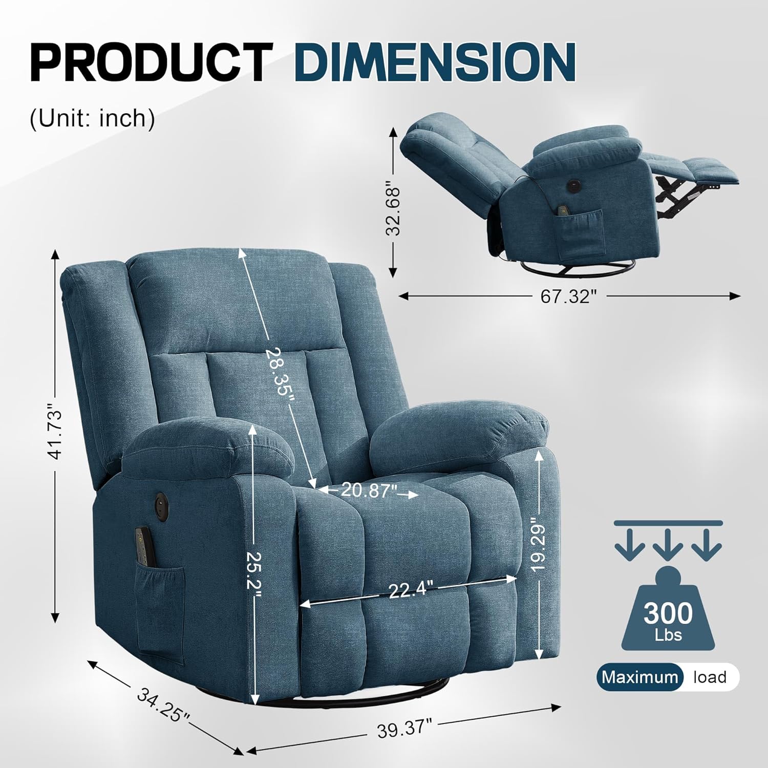 Fauteuil à bascule pour adulte, fauteuil inclinable coulissant, fauteuil à bascule rotatif à 360° avec fonction massage et chauffage