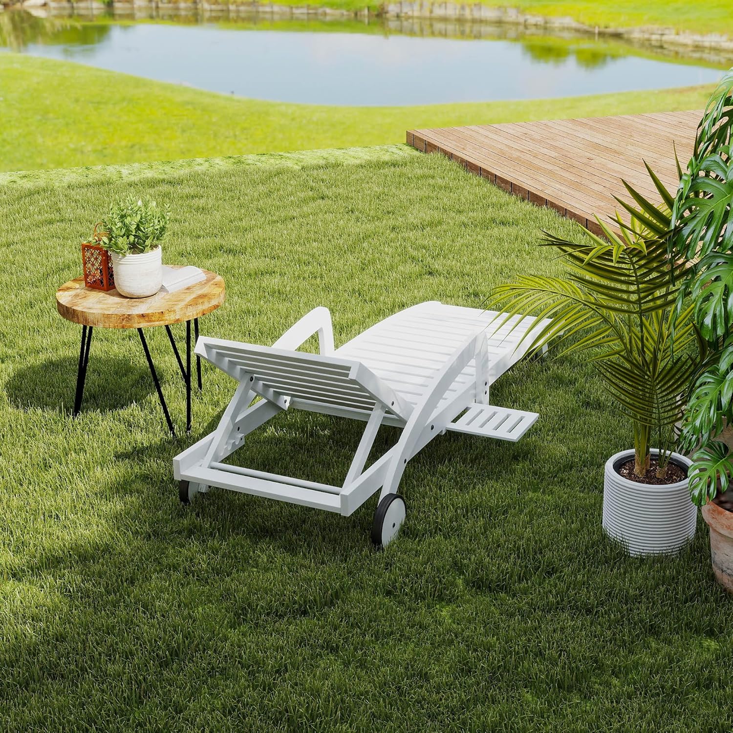 Chaise longue de piscine réglable à 5 positions Chaise longue en bois avec table d'appoint coulissante