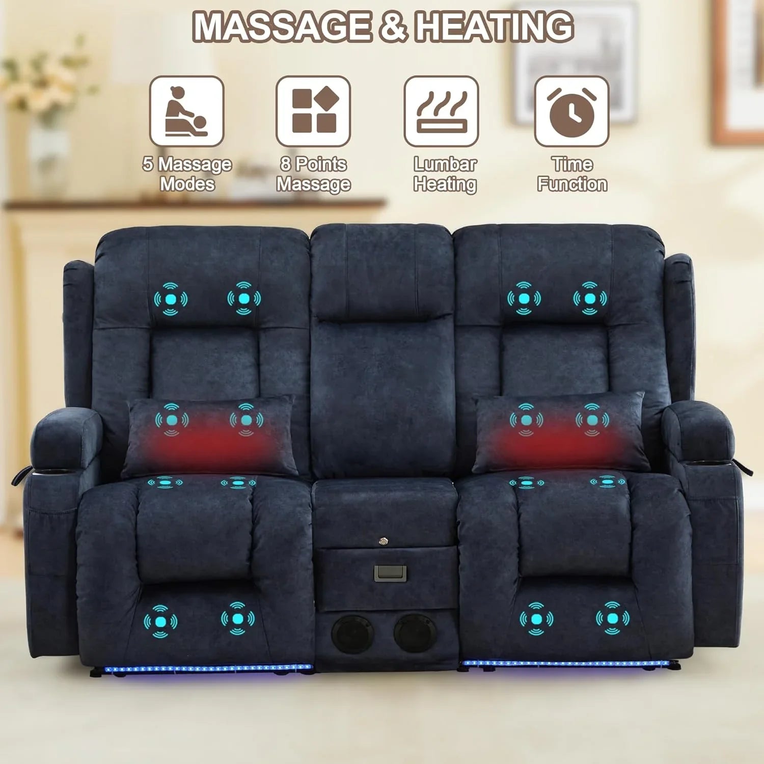 Canapé inclinable électrique TUNYI avec fonctions massage et chauffage, siège home cinéma avec console, canapé inclinable électrique pour camping-car